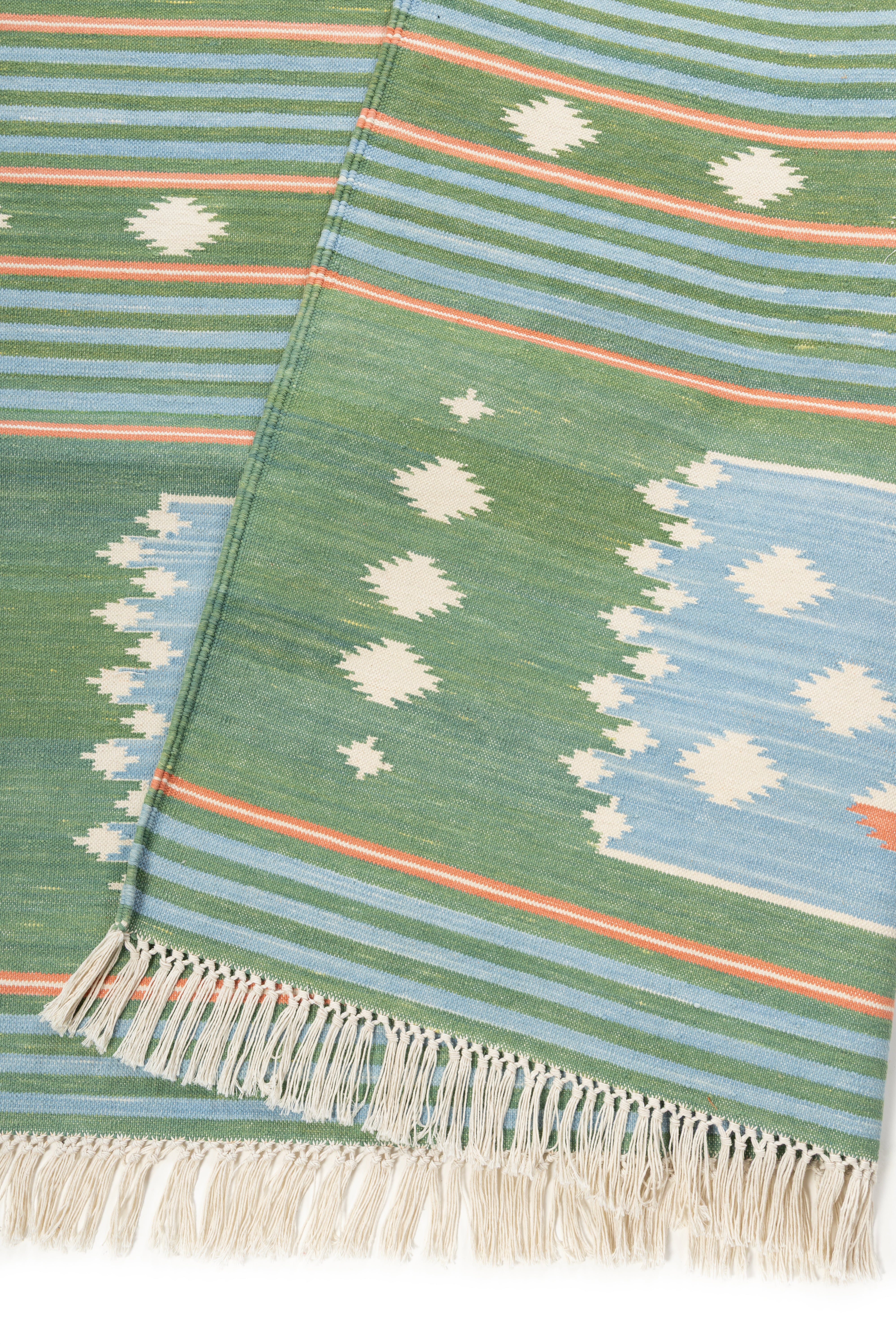Meadow Mist Dhurrie Rug detail of the striped cotton surface and edge finishing