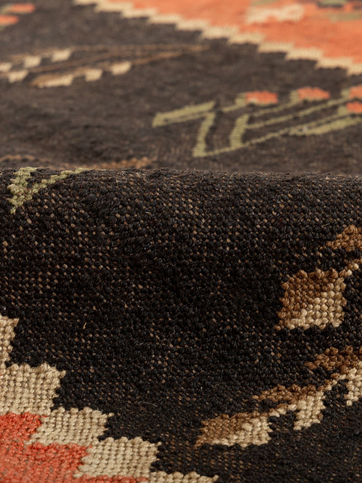 Midnight garden flatweave Rug detail of the floral motif in cotton cut pile