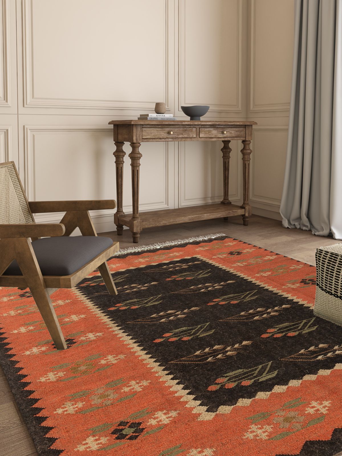 Midnight garden flatweave Rug cotton rug styled in a living room interior