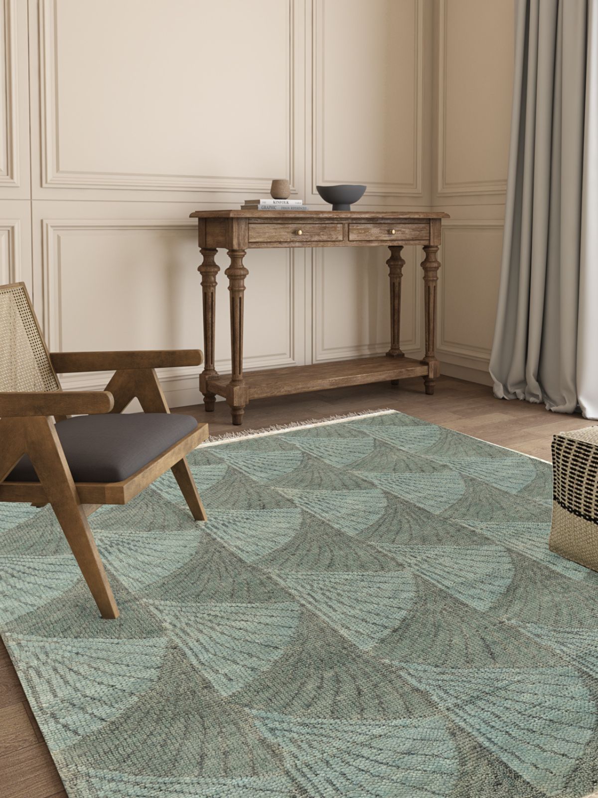 Misty harbor handknotted rug wool rug styled in a living room interior