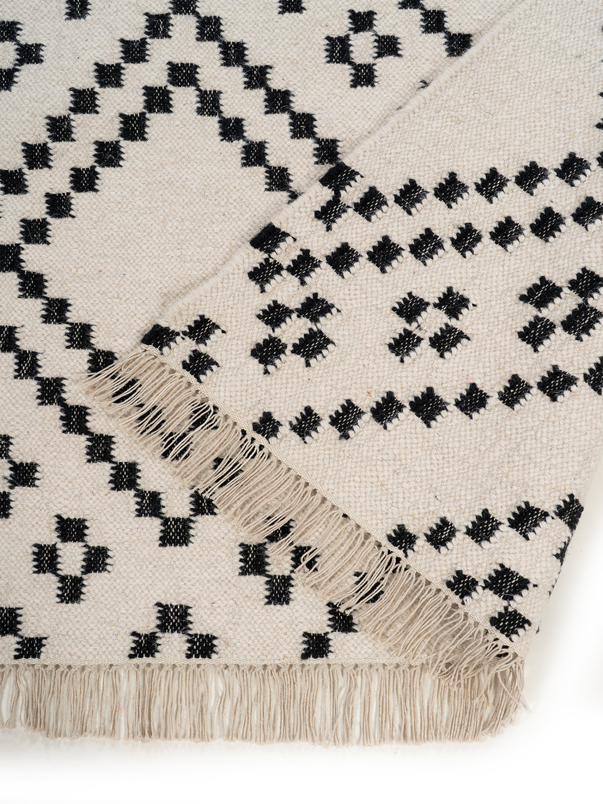 Monochrome Berber Flatweave Rug detail of the geometric pattern in wool