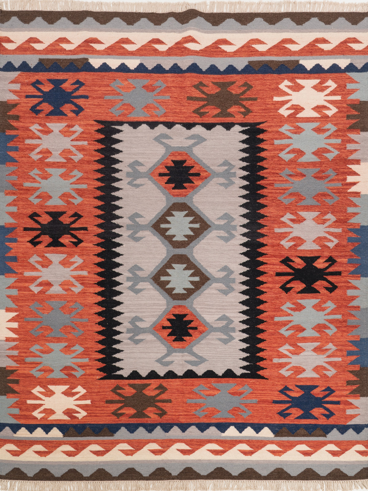 Monochrome Folk Motif Wool Rug wool rug in grey tones