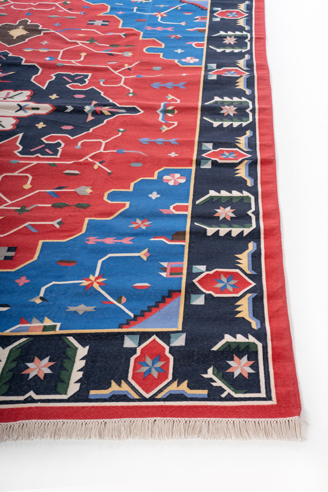 Mysore Majesty Flatweave antique dhurrie cotton rug styled in a living room interior