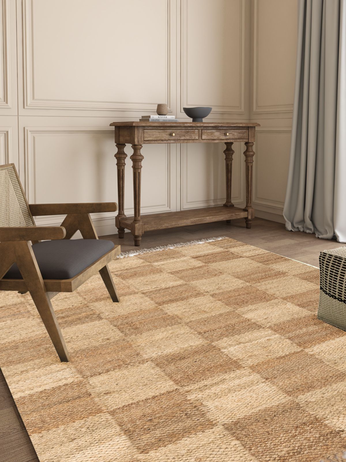 Natural Checkered Jute Rug jute rug styled in a living room interior