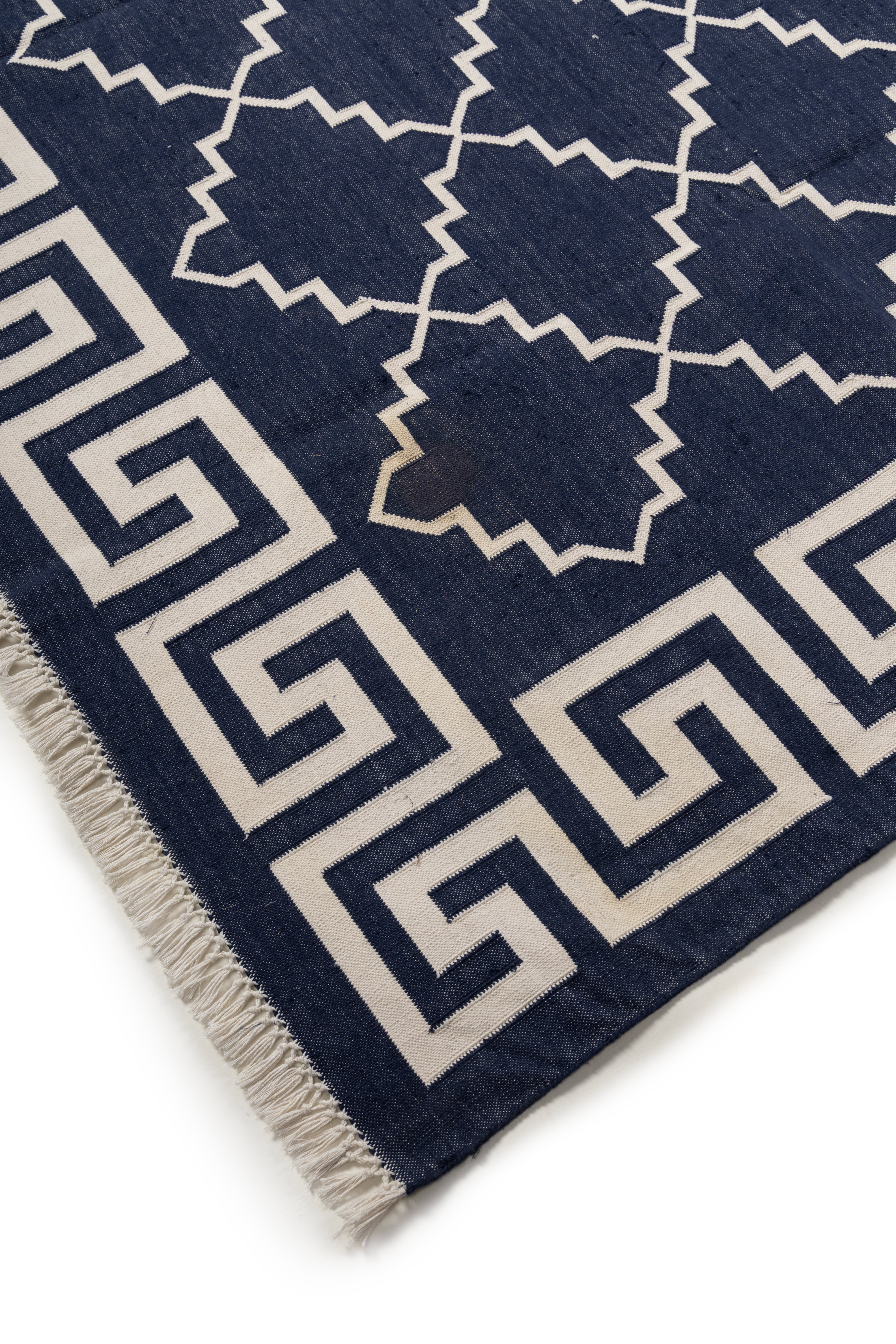 Nautical Jali Flatweave rug-Navy close-up showing the cotton weave and geometric motif