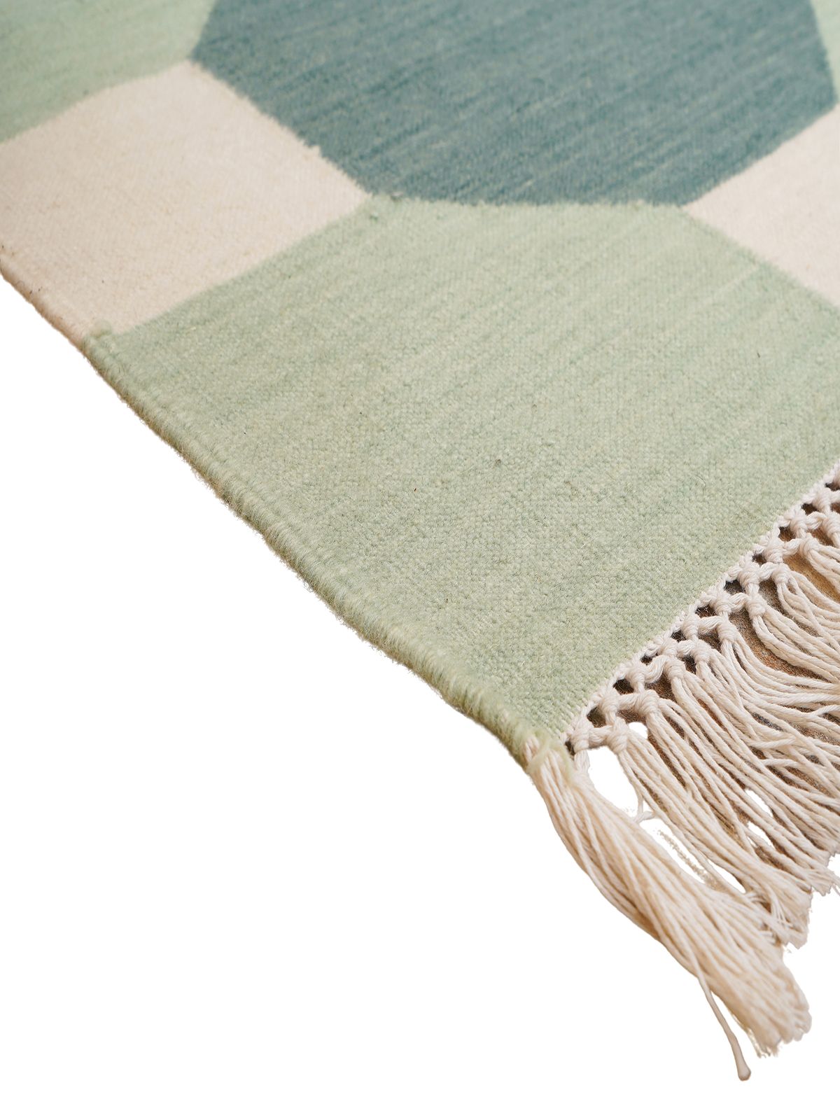Octagonal Tapestry Wool Rug-Green close-up showing the wool weave and geometric motif