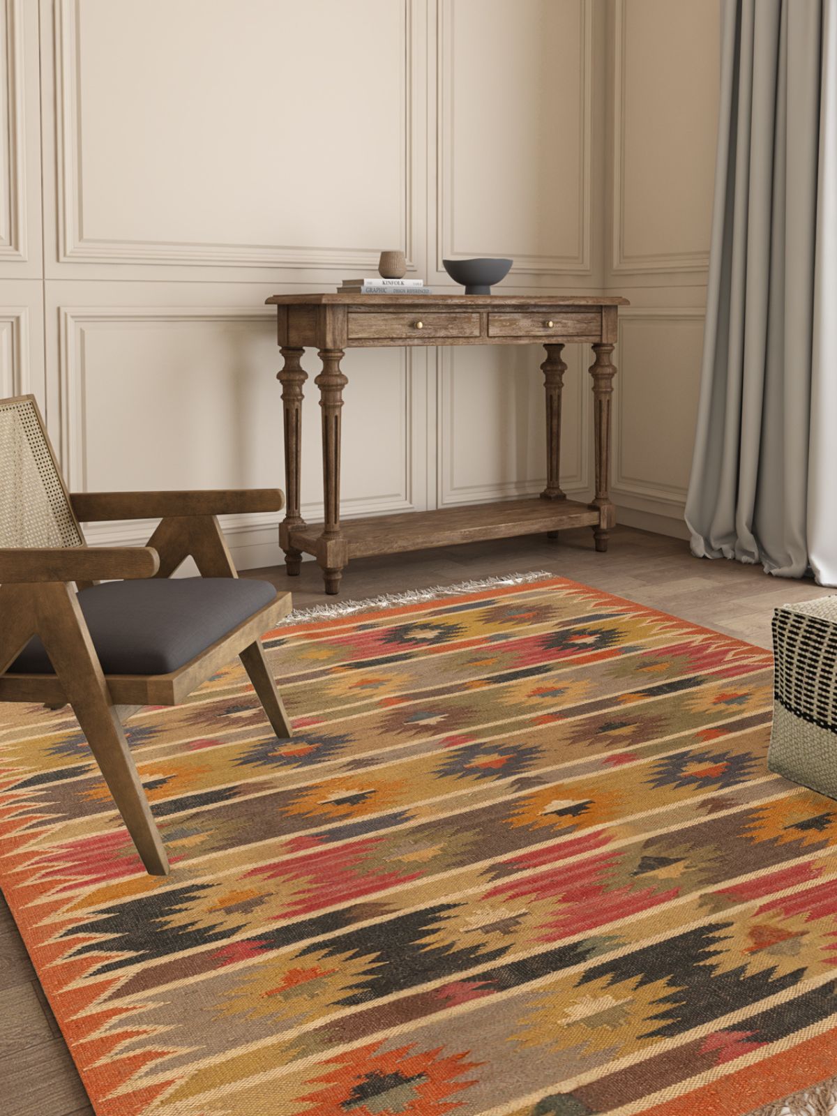 Prism Pinnacle Kilim Rug cotton rug styled in a living room interior