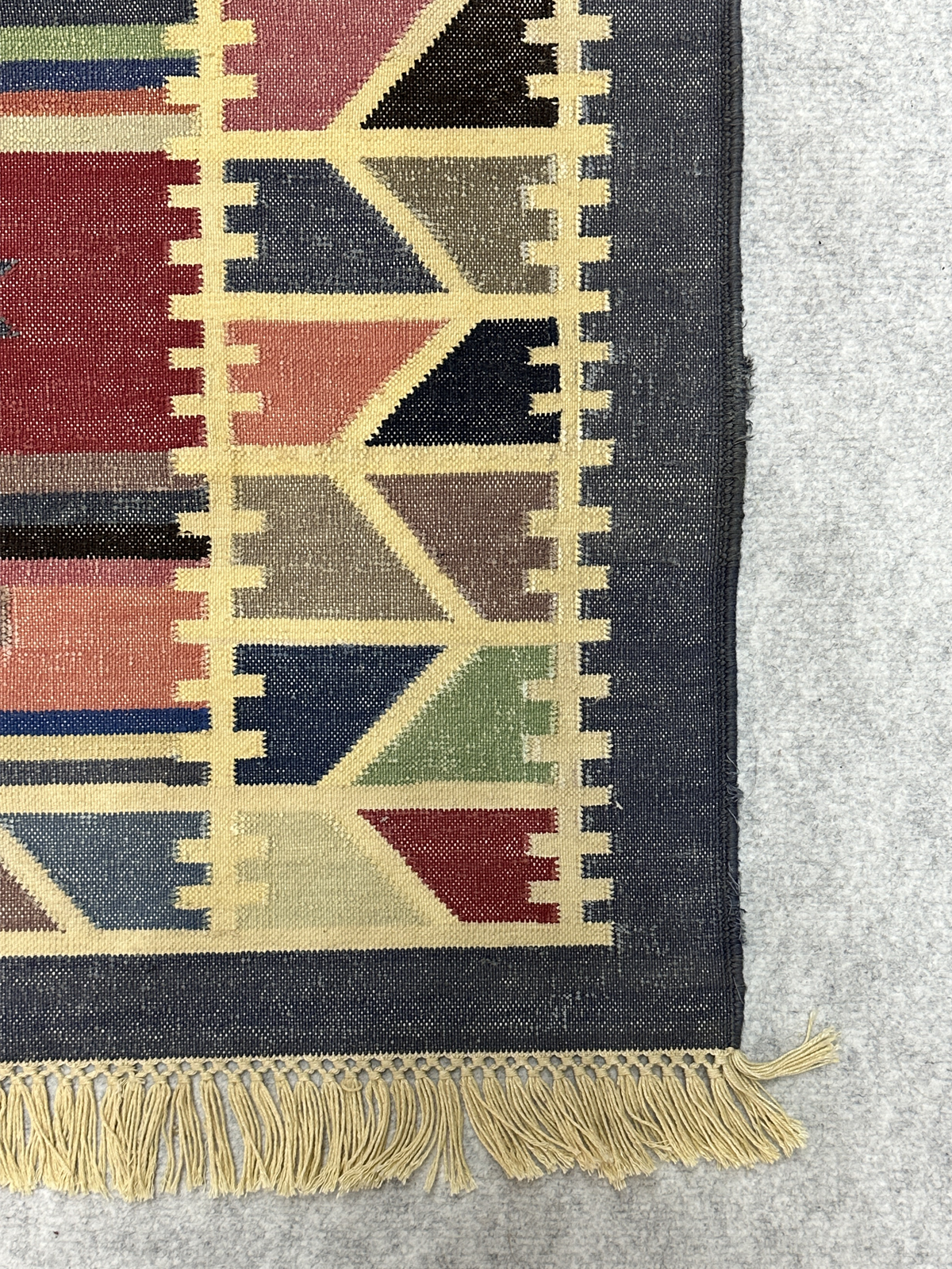 Radiant Vintage Kilim Dhurrie Rug cotton rug styled in a living room interior