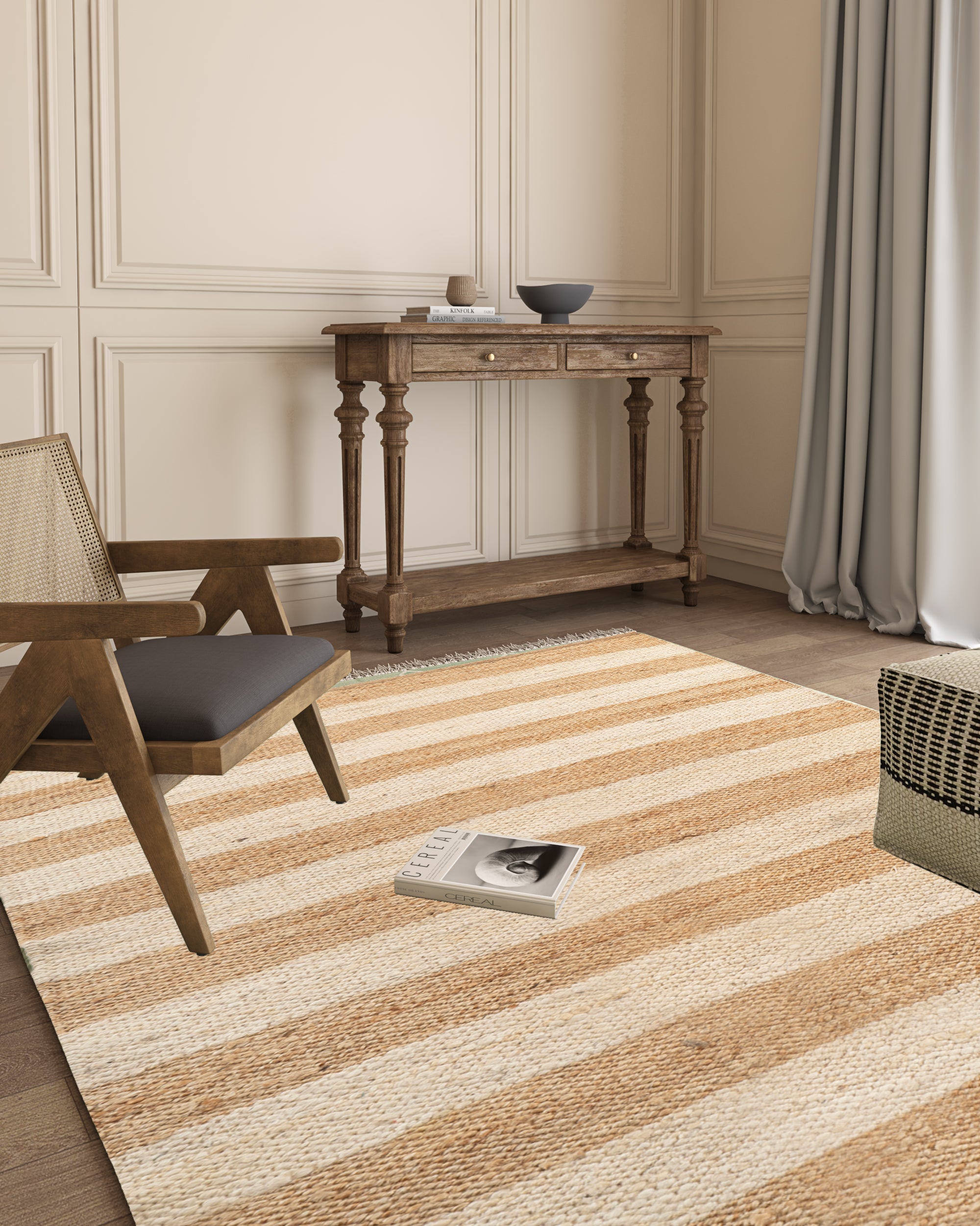 Rasht striped Hemp rug hemp rug styled in a living room interior