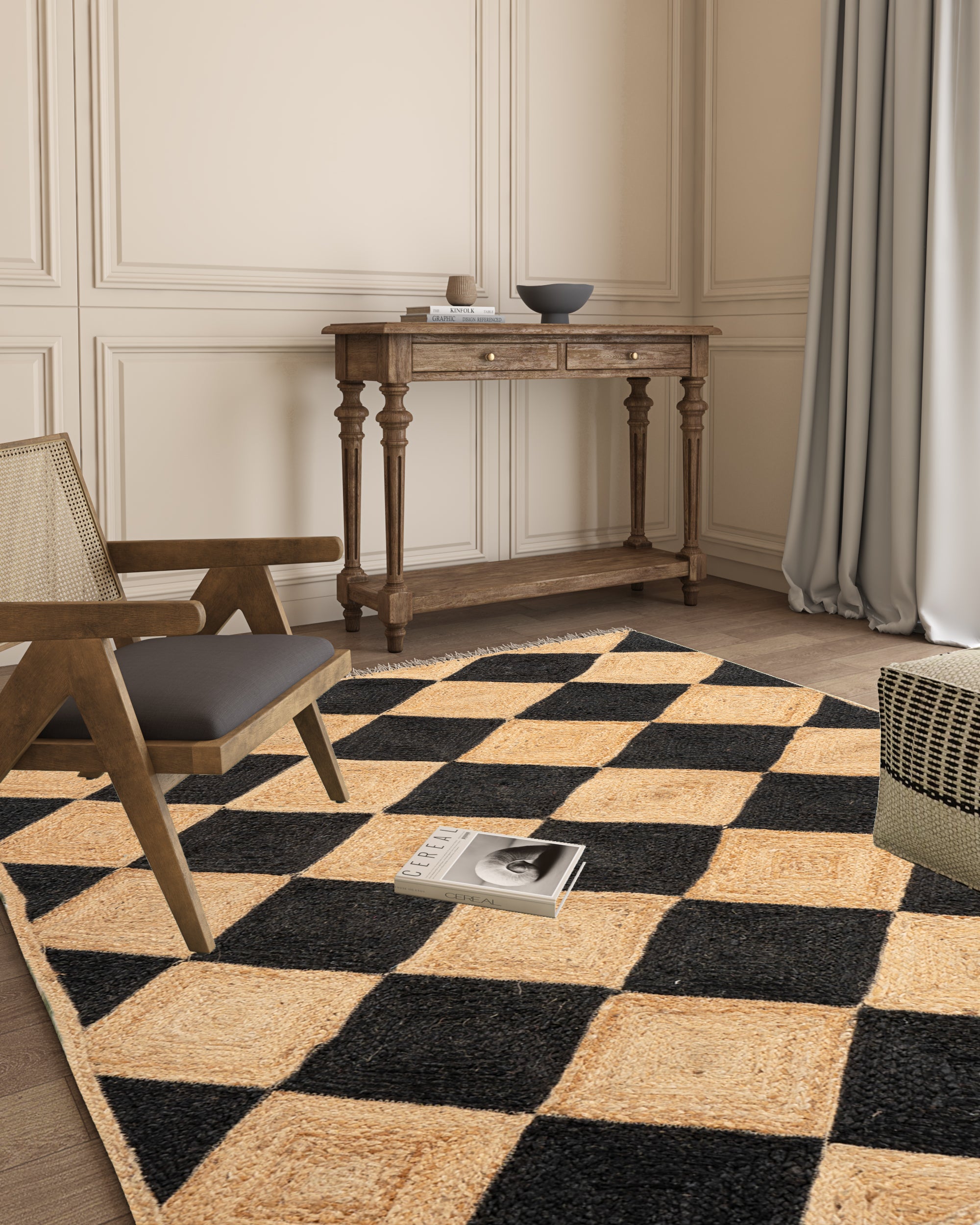 Rosso diamond braided jute rug-Black jute rug styled in a living room interior