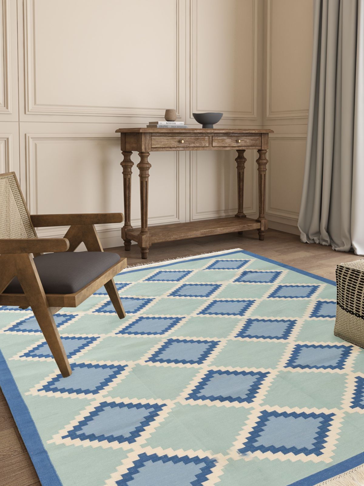 Royal Riviera Kilim Rug wool rug styled in a living room interior