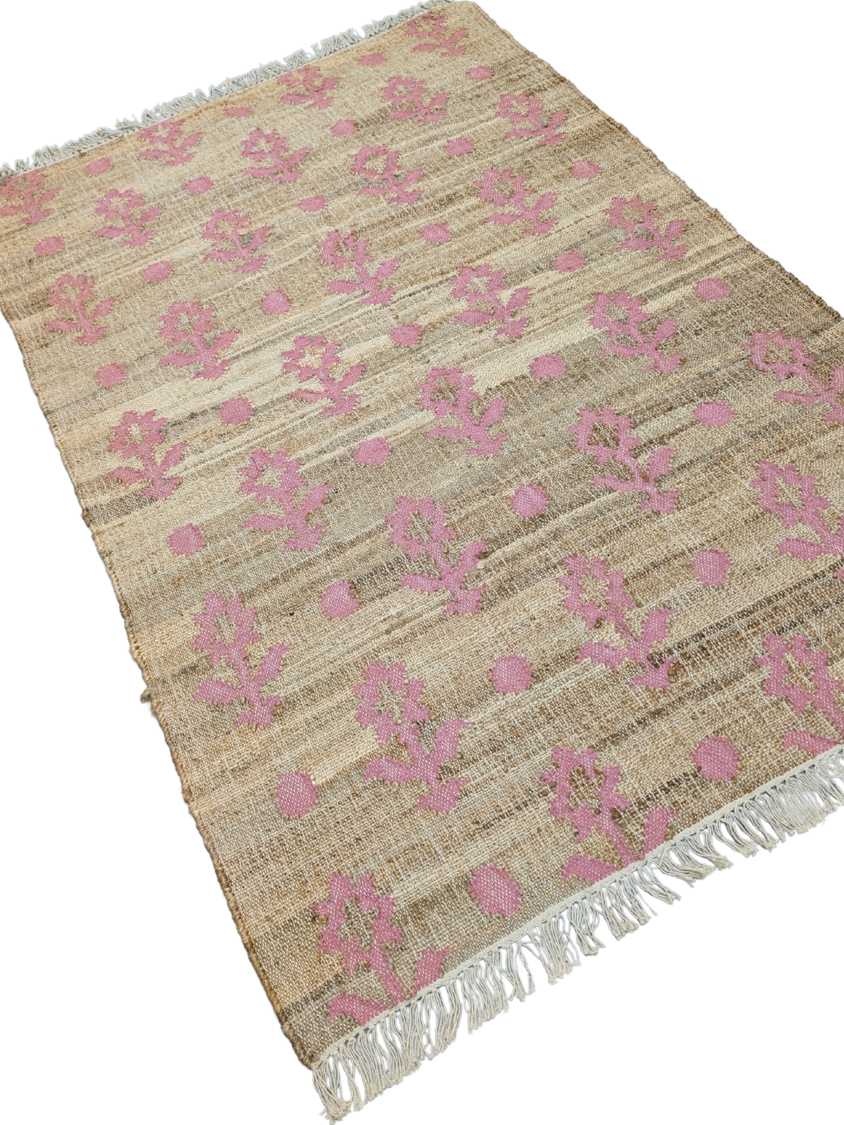Rustic Petals-Pink cotton rug styled in a living room interior