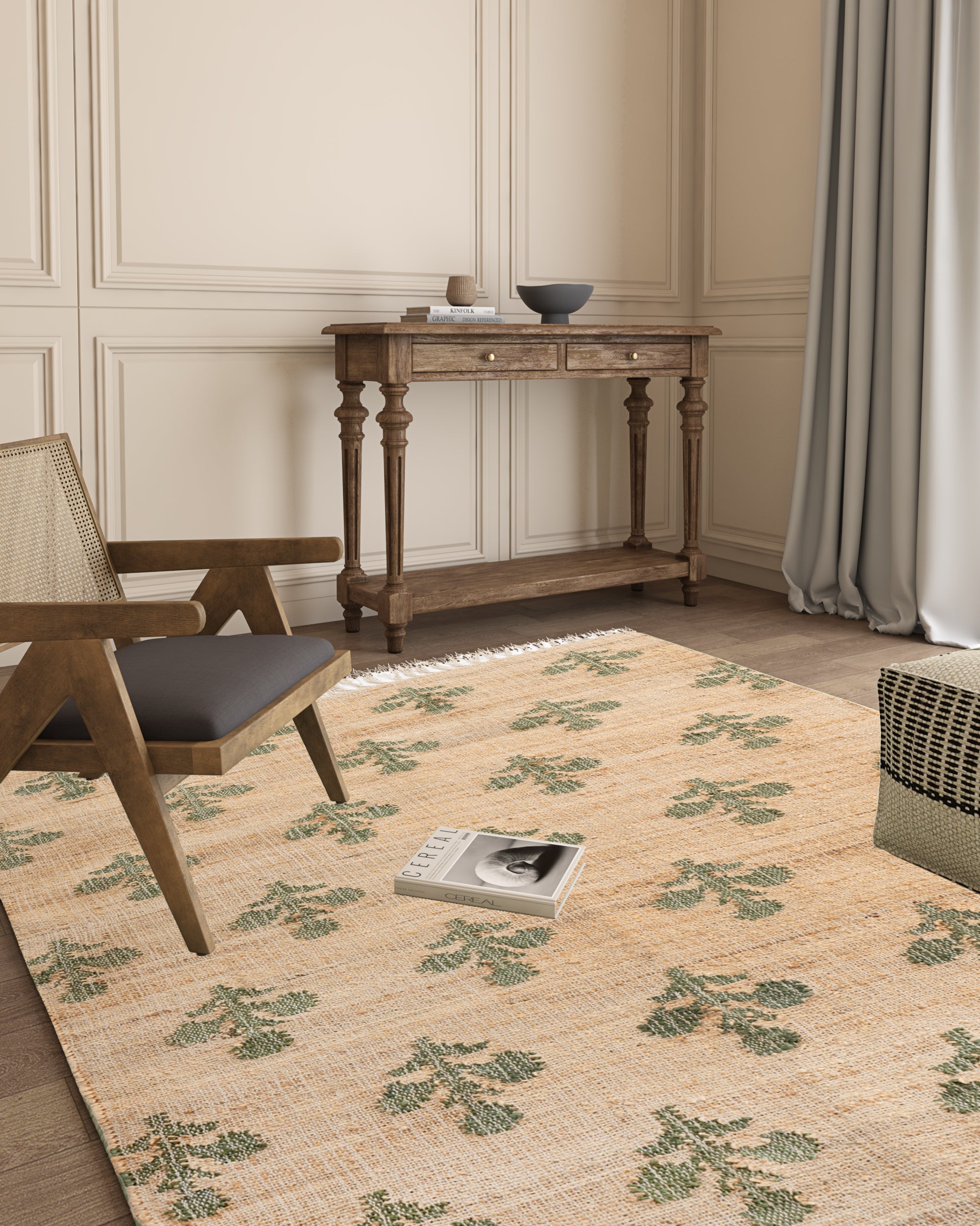 Sage Mughal Blossom Rug wool rug styled in a living room interior