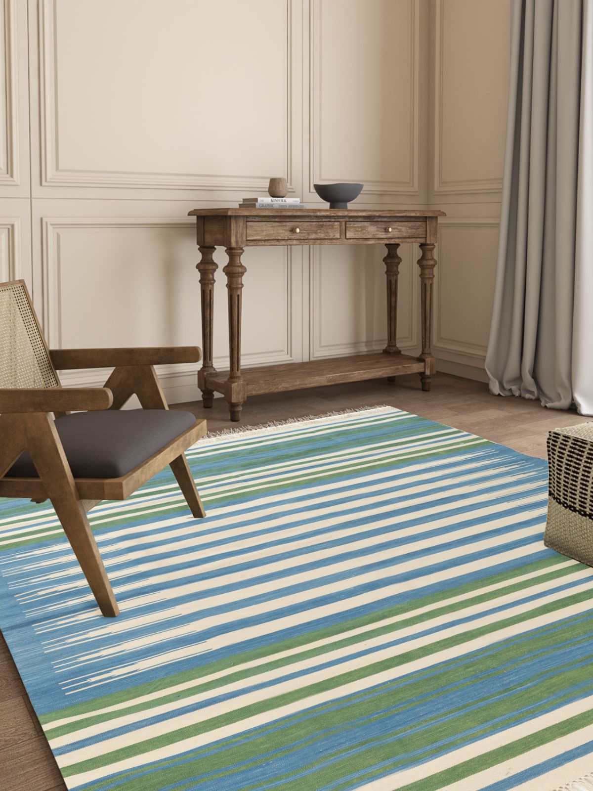 Sage Skyline Striped Rug cotton rug styled in a living room interior