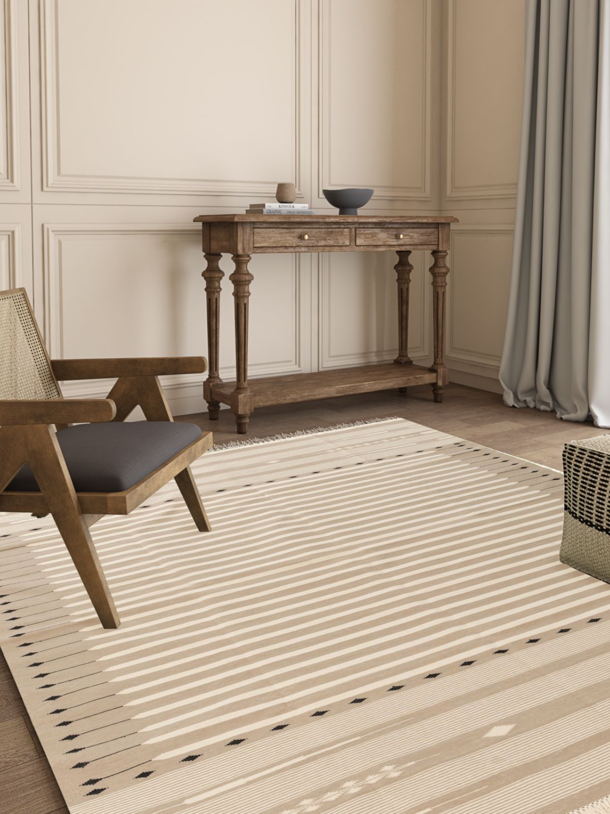 Serenity Stripes Flatweave Rug-Beige cotton rug styled in a living room interior