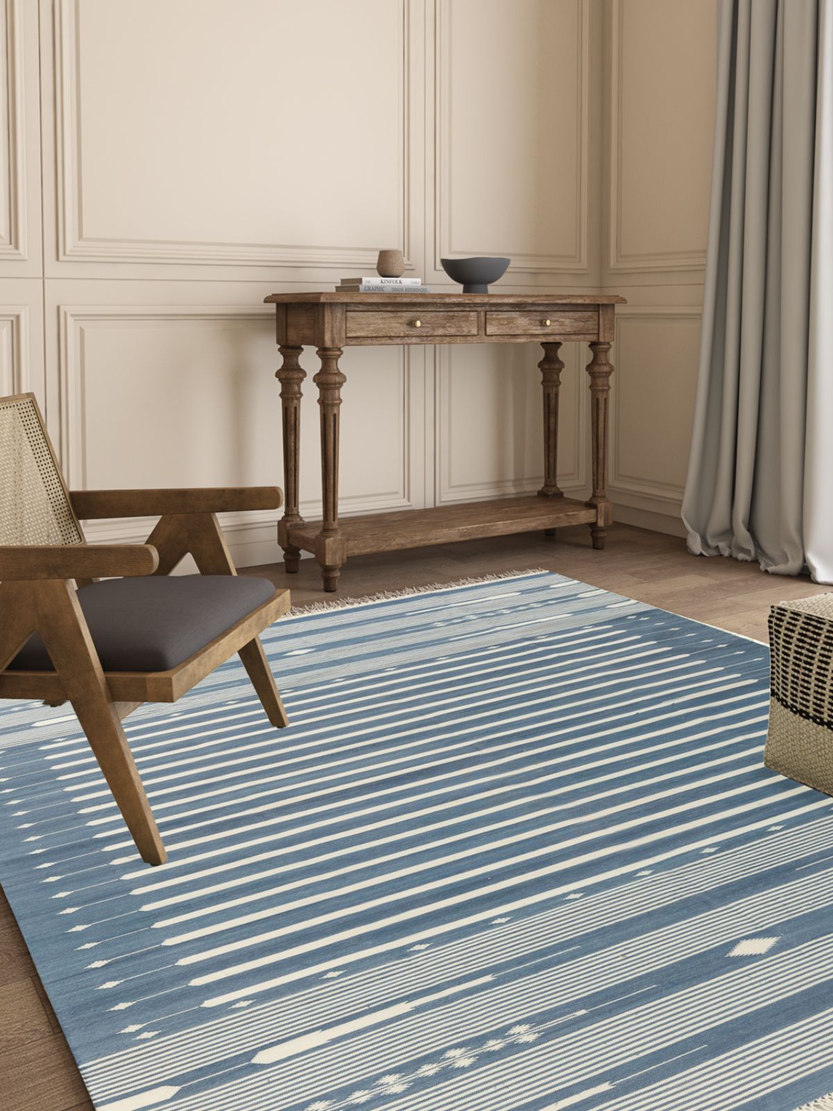 Serenity Stripes Flatweave Rug-Blue cotton rug styled in a living room interior
