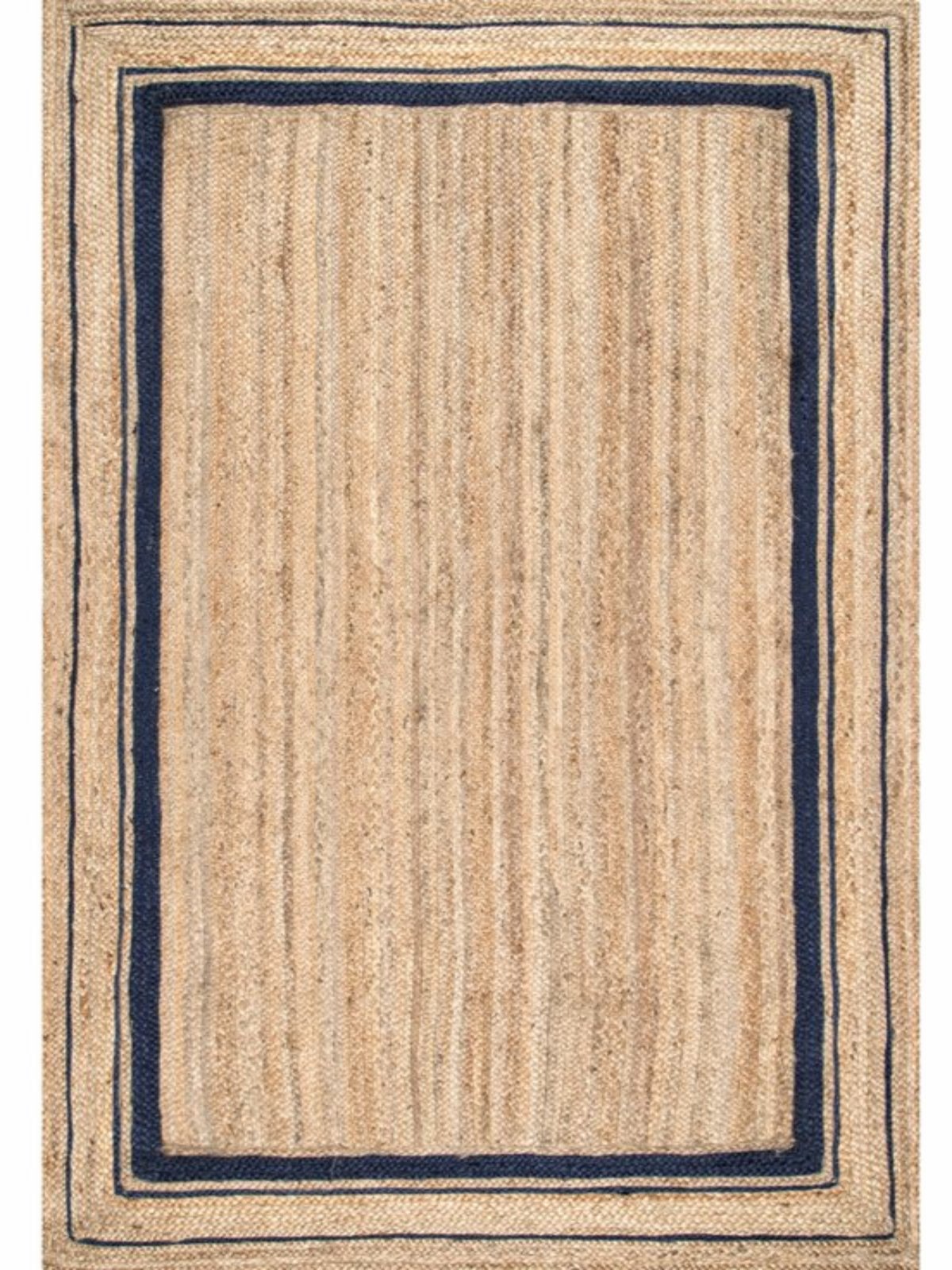Suez bordered jute braided area rug-Navy jute rug in blue tones, overhead view