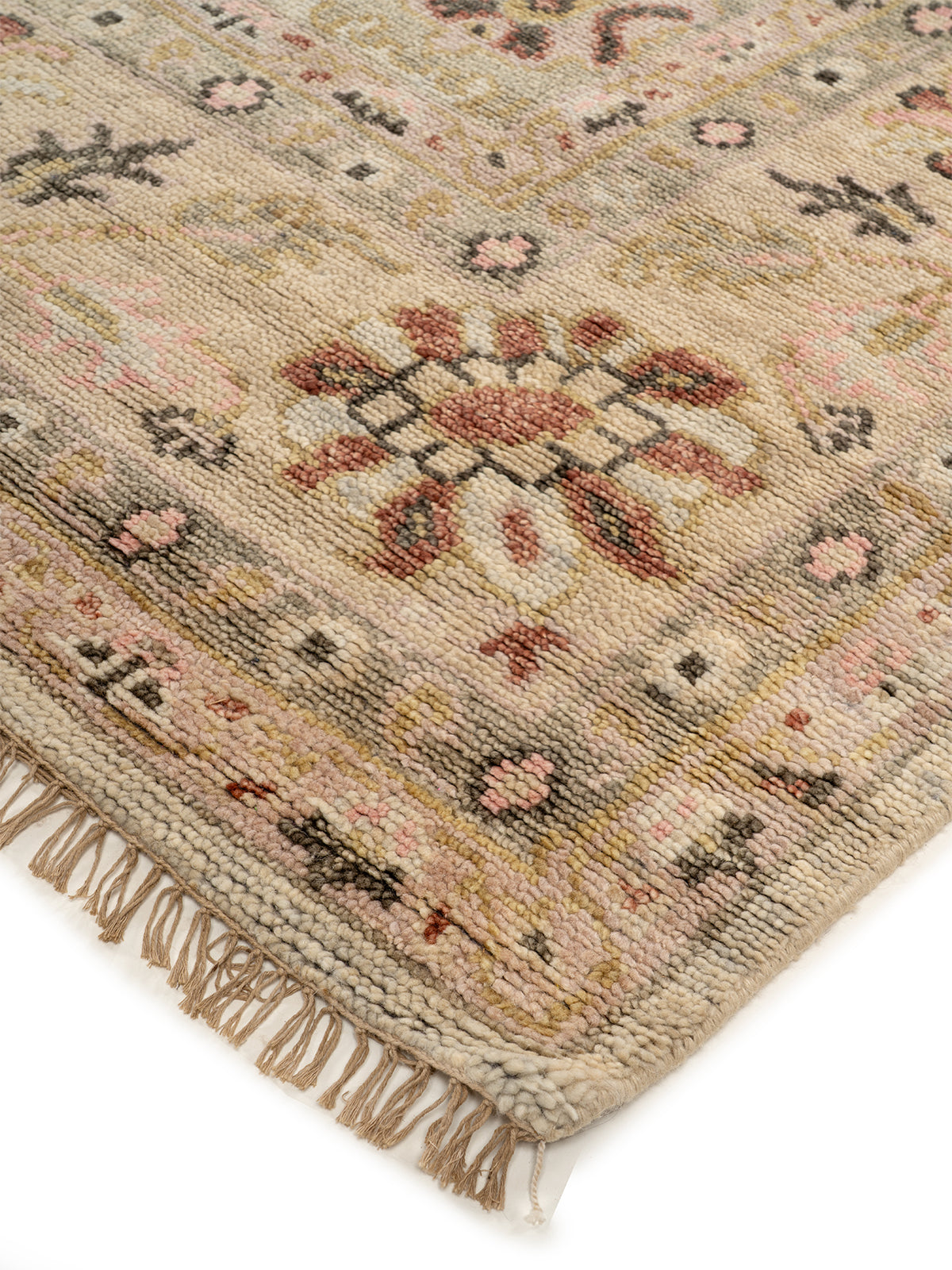 Sultanabad Mist close-up showing the handspun wool weave and traditional motif