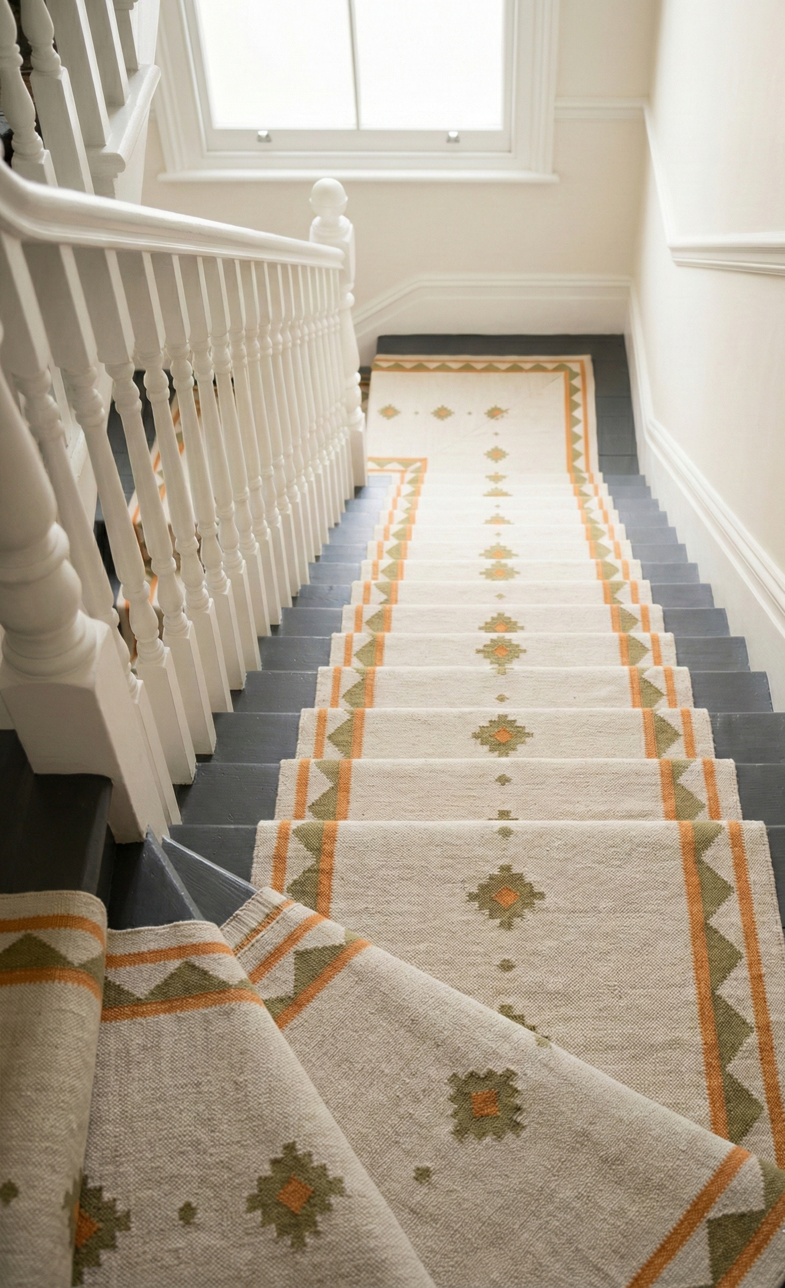Sunburst Horizon Dhurrie Runner cotton stair runner styled on a staircase in a designed interior
