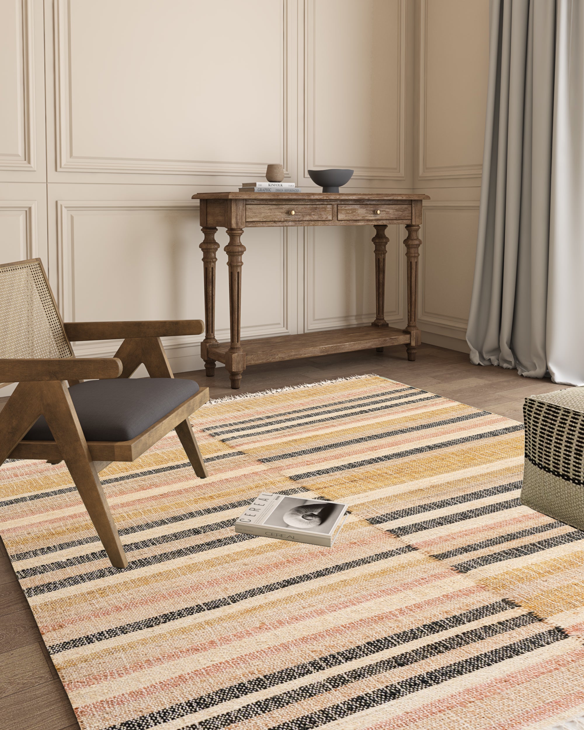 Sunset Stripes Handwoven Jute Rug jute rug styled in a living room interior