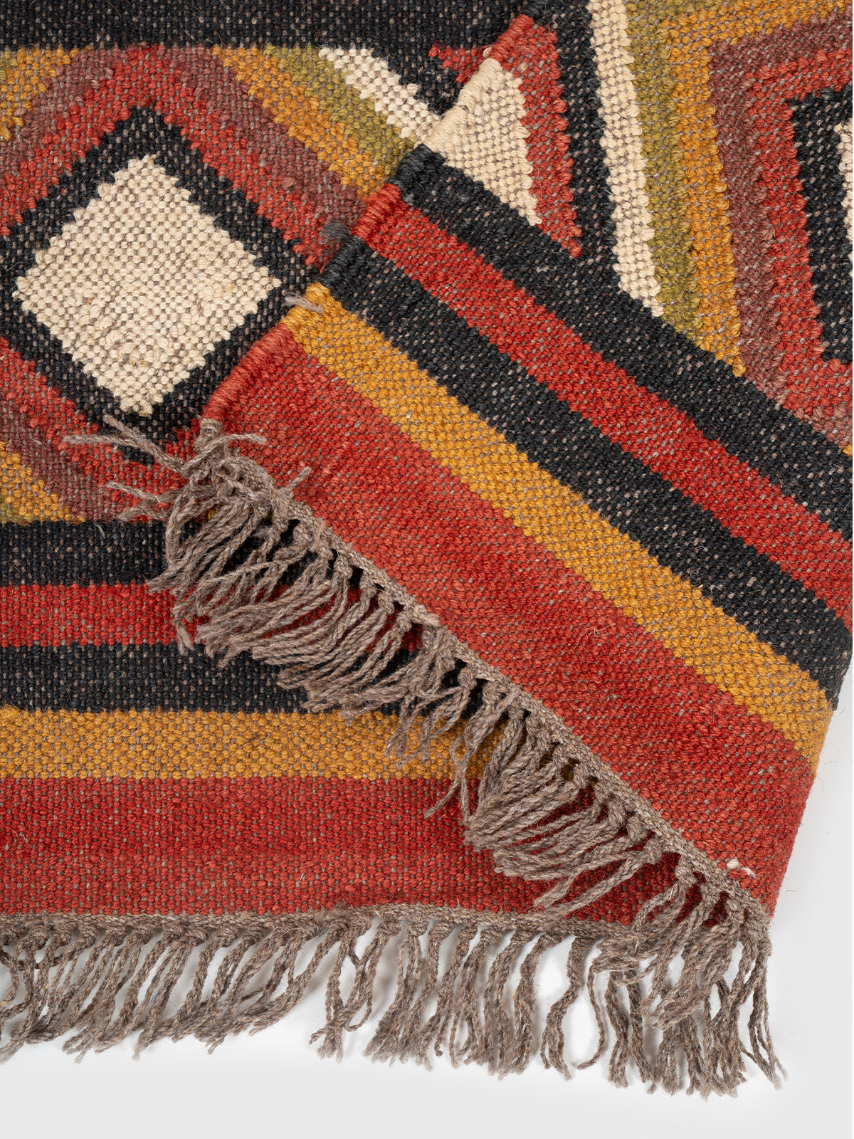 The Amber Rhythm Runner detail showing edge binding and wool finishing of the runner