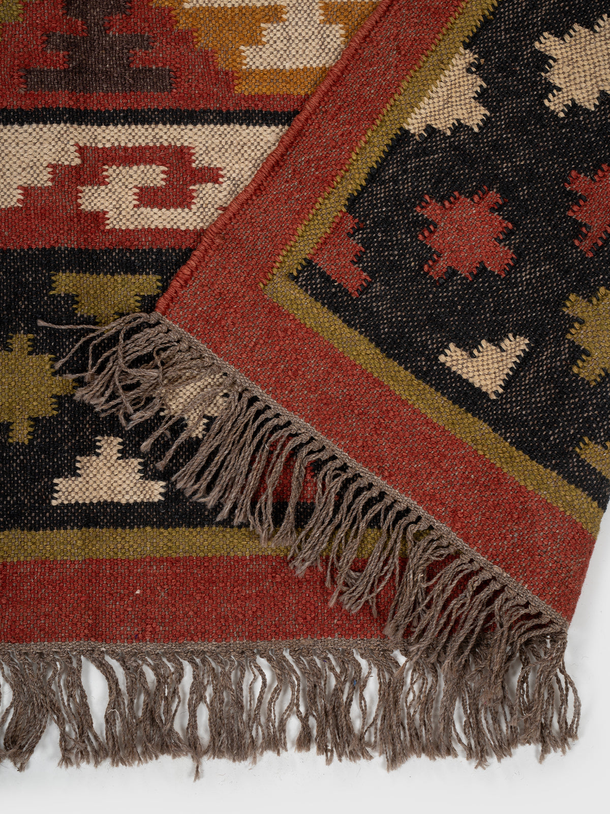 The Charcoal Medley Kilim detail of the geometric pattern in wool