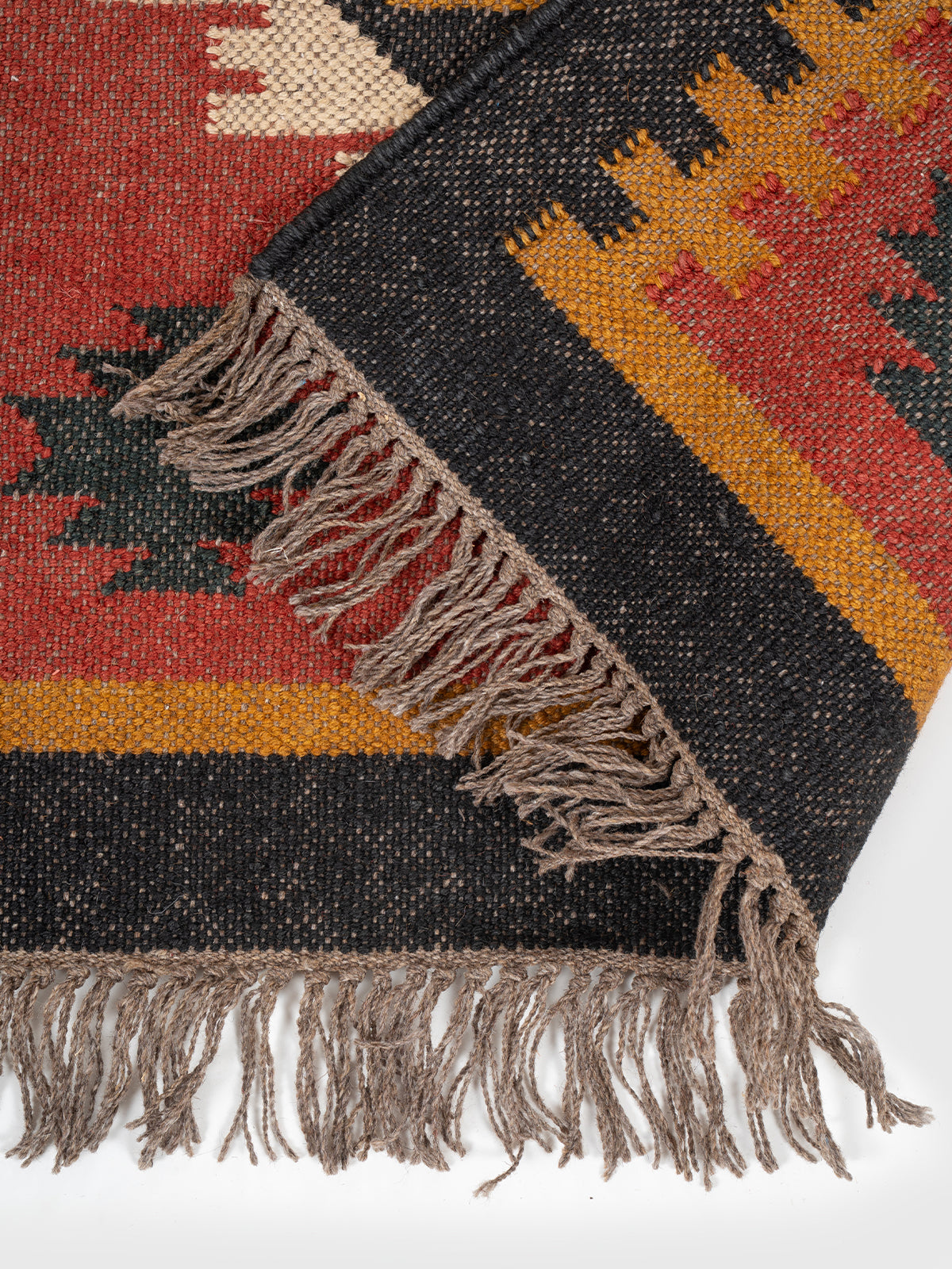 The Crimson Dash Runner detail showing edge binding and wool finishing of the runner