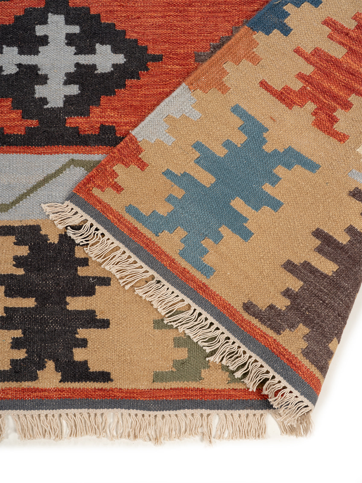 The Harvest Patchwork Rug detail of the geometric pattern in wool