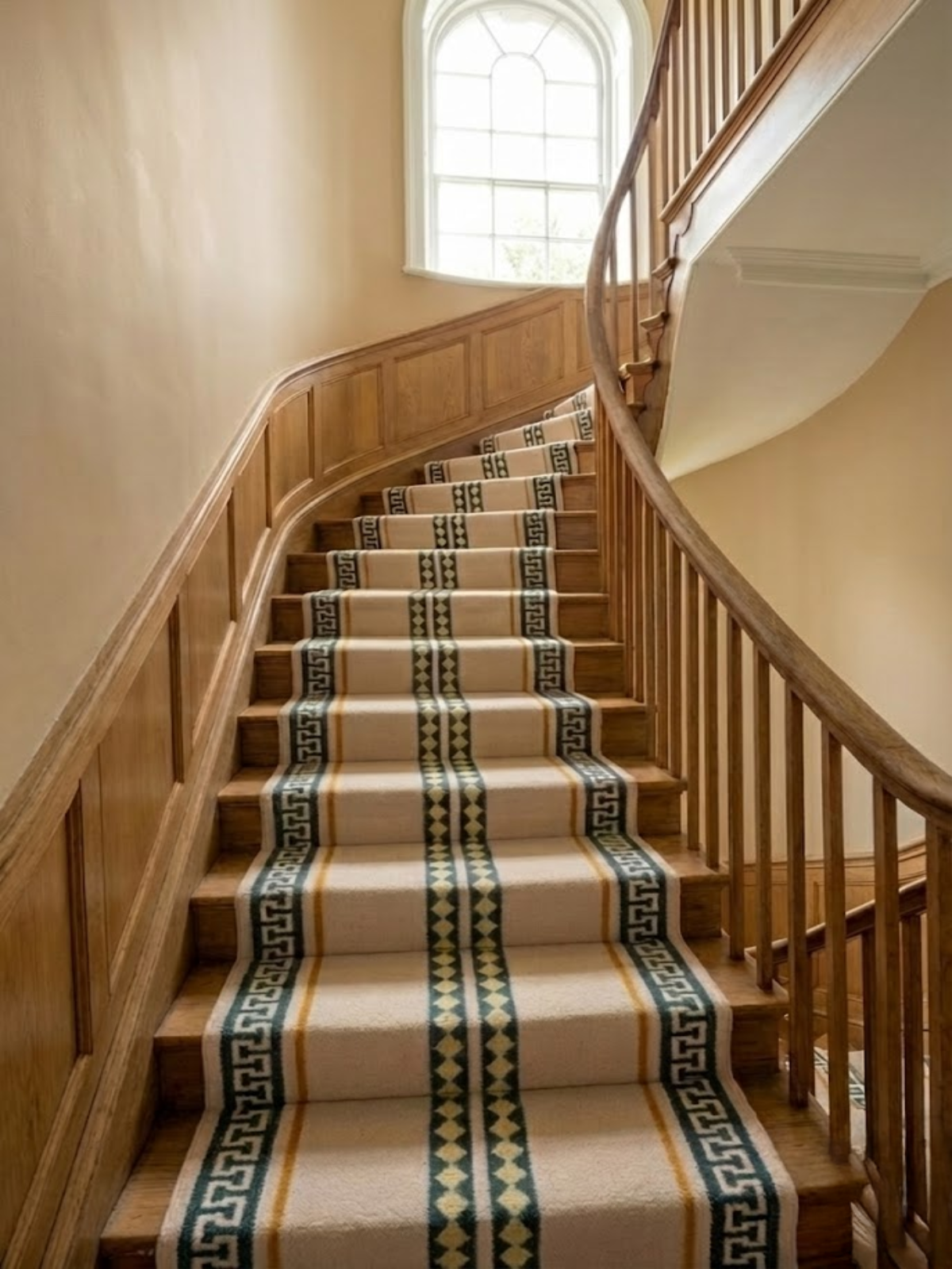 The Palace Key Runner-Pink cotton stair runner styled on a staircase in a designed interior