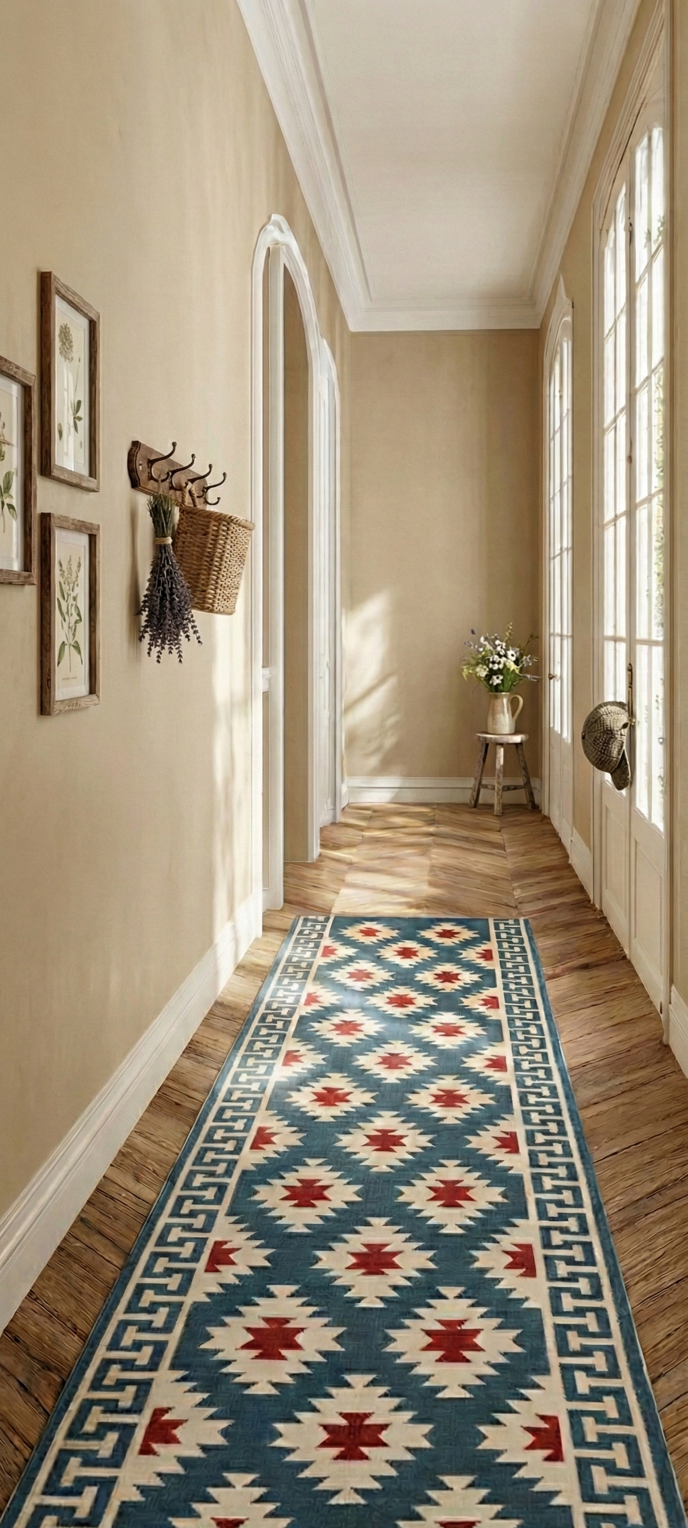 The Sultan's Path Runner-Blue cotton stair runner styled on a staircase in a designed interior
