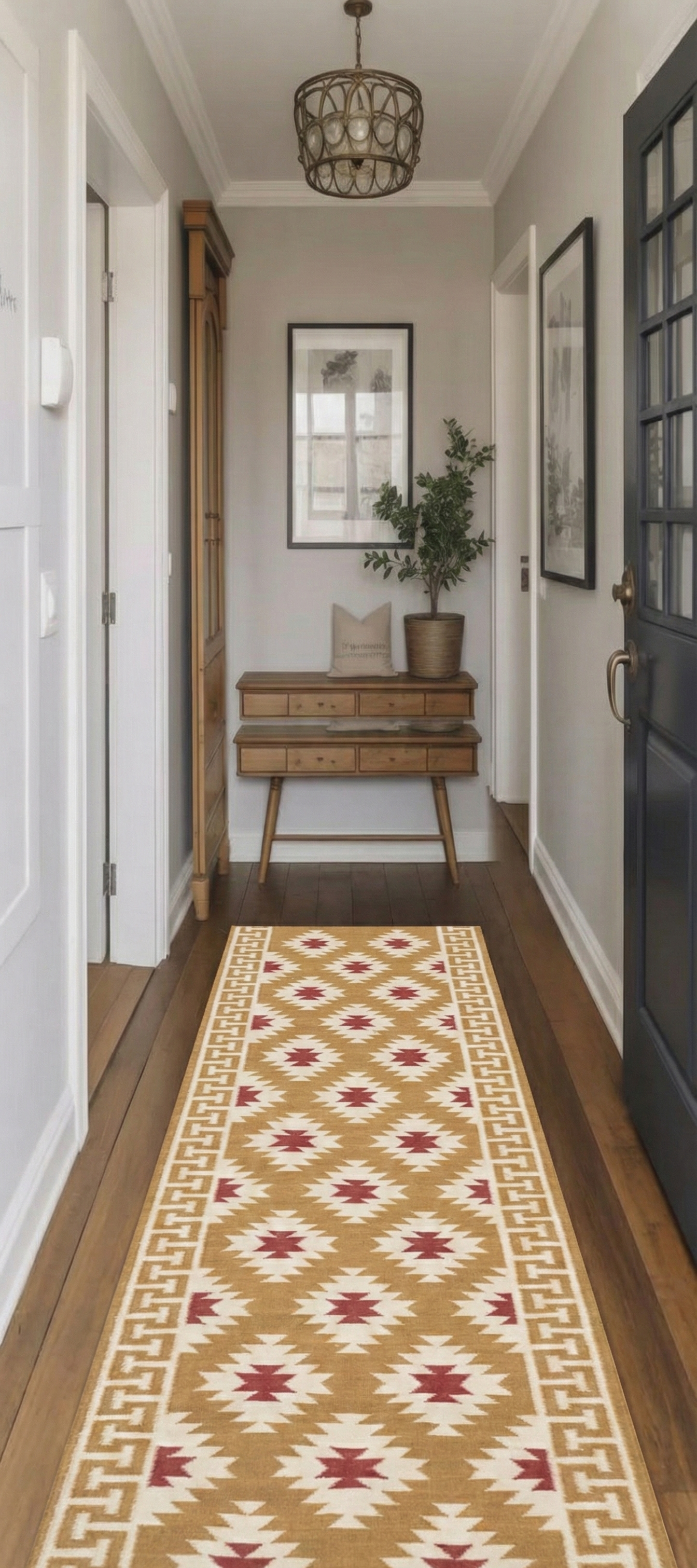 The Sultan's Path Runner cotton stair runner styled on a staircase in a designed interior