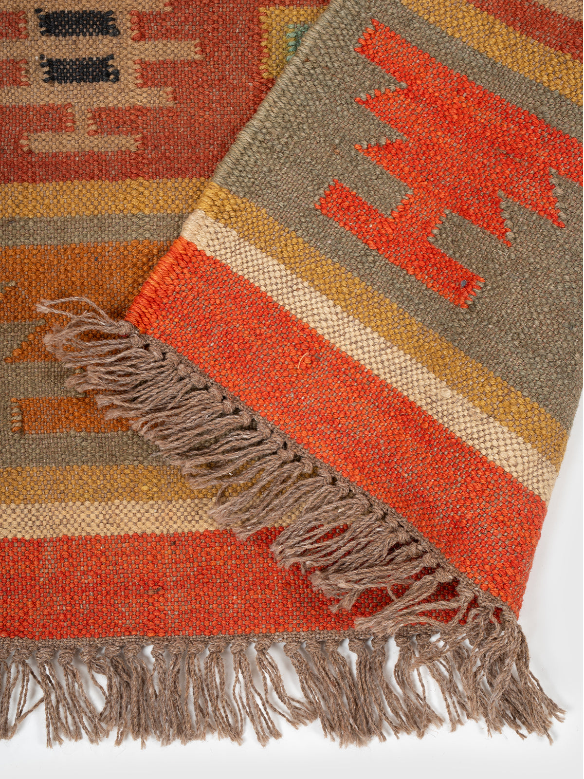 The Vibrant Strata Runner detail showing edge binding and wool finishing of the runner