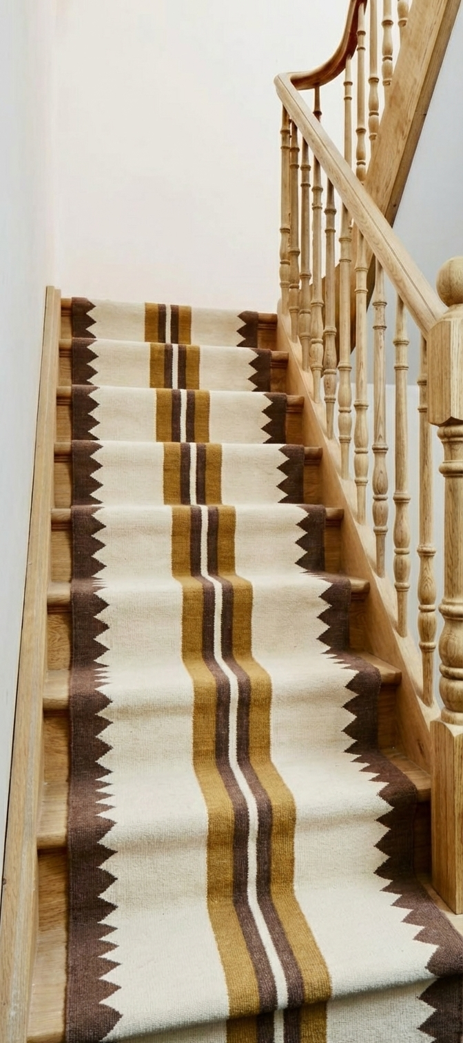 The Zigzag Trail Runner-Pearl cotton stair runner styled on a staircase in a designed interior
