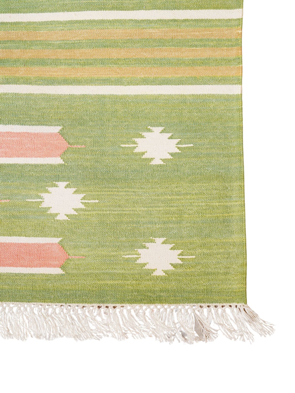 Tie-Dye Kilim Rug-Leaf green cotton rug styled in a living room interior