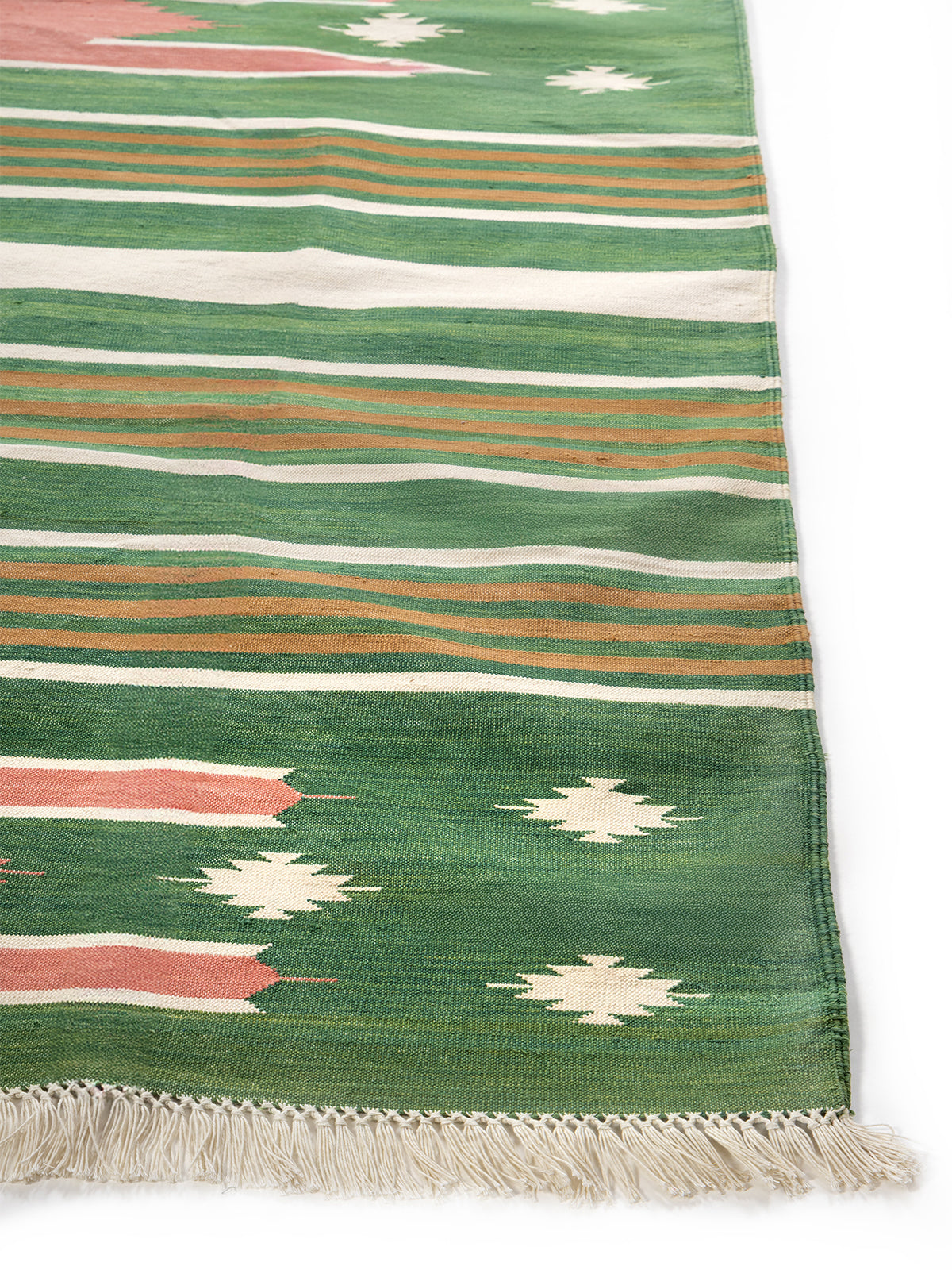 Tie-Dye Kilim Rug-Sage cotton rug styled in a living room interior with timber and linen