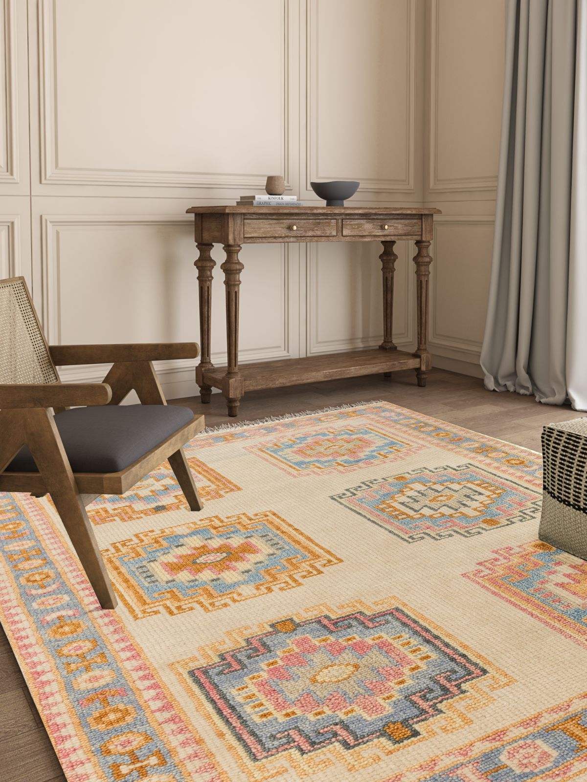 Turkish Aura Oushak Rug wool rug styled in a living room interior