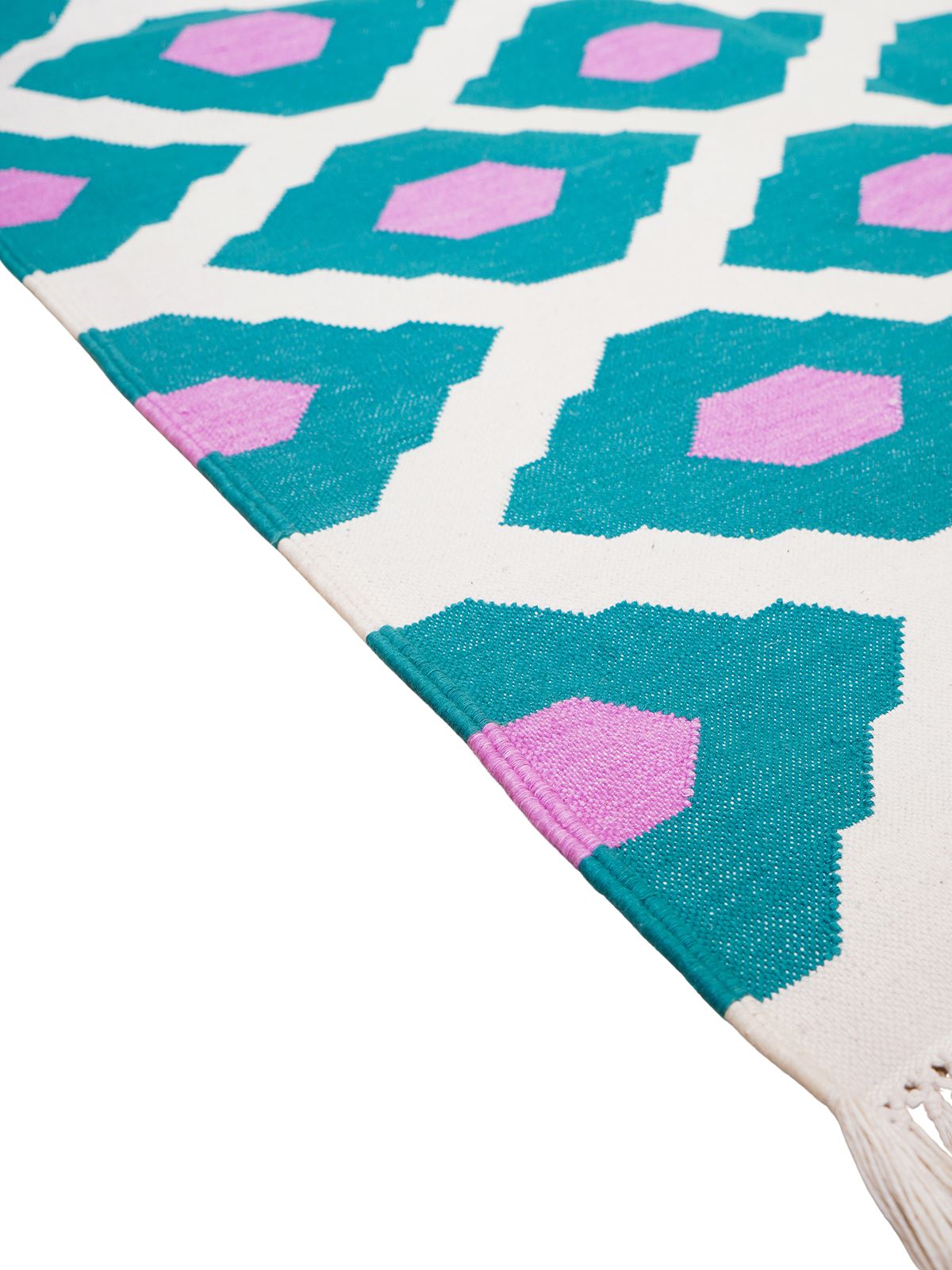 Turquoise Bliss Flatweave Rug cotton rug styled in a living room interior