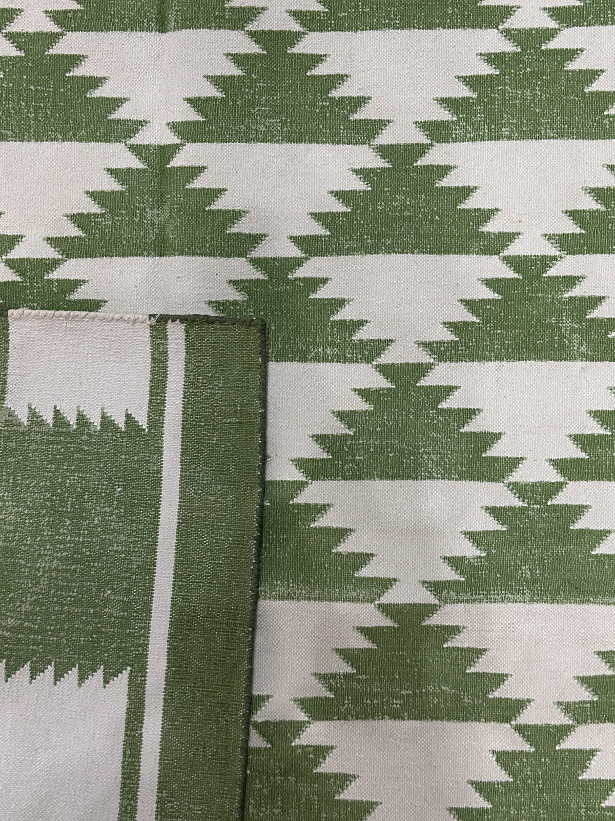 Verdant Kilim Cotton Rug-Green detail showing cotton surface and tribal texture