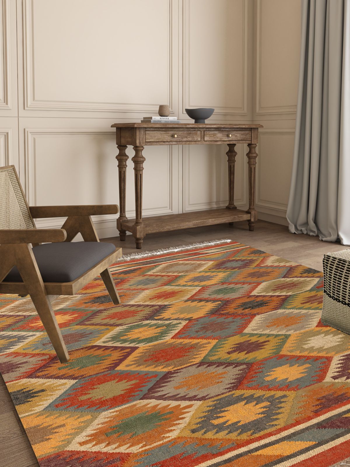 Vibrant Voyage Kilim Rug cotton rug styled in a living room interior