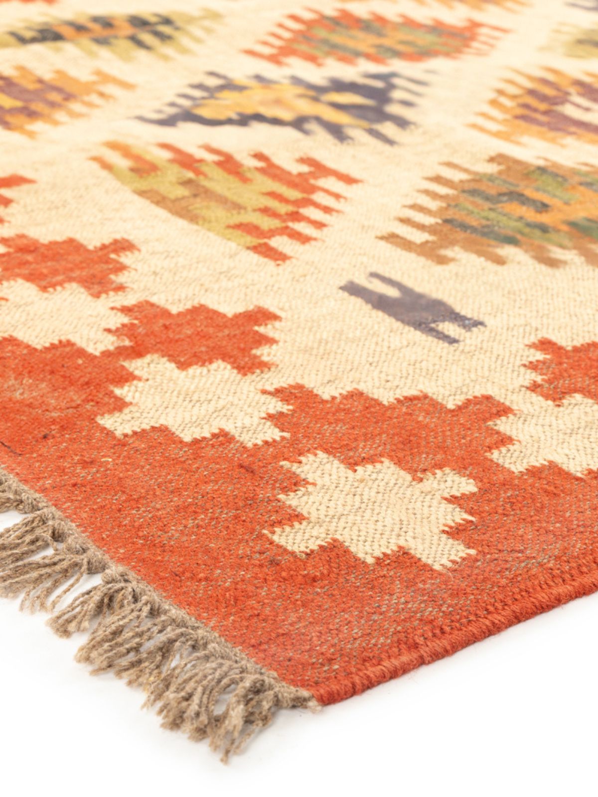 Whimsical colourburst Kilim Rug close-up showing the cotton weave and geometric motif