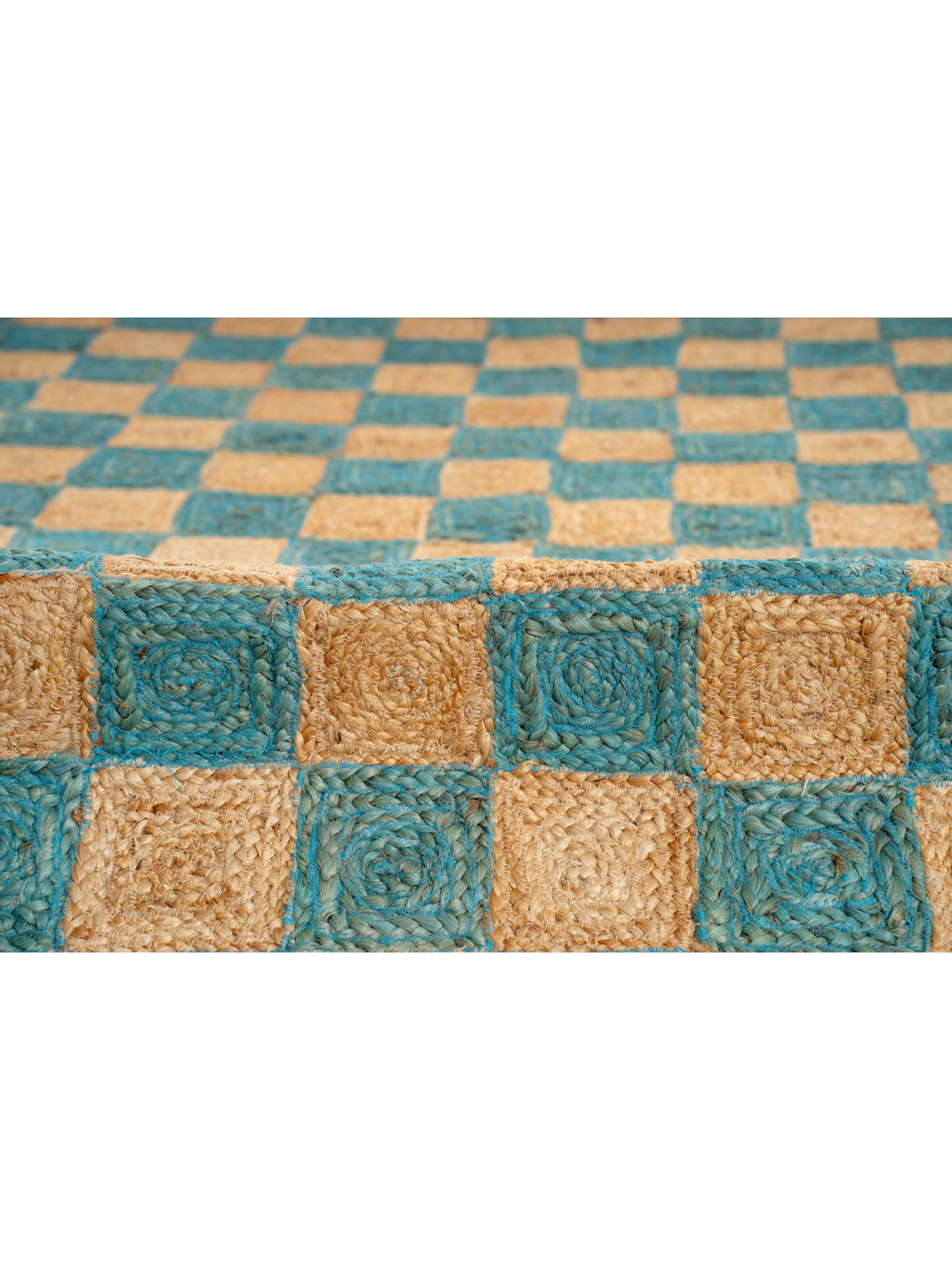Windsor checkered Jute rug-Blue close-up showing the jute weave and geometric motif