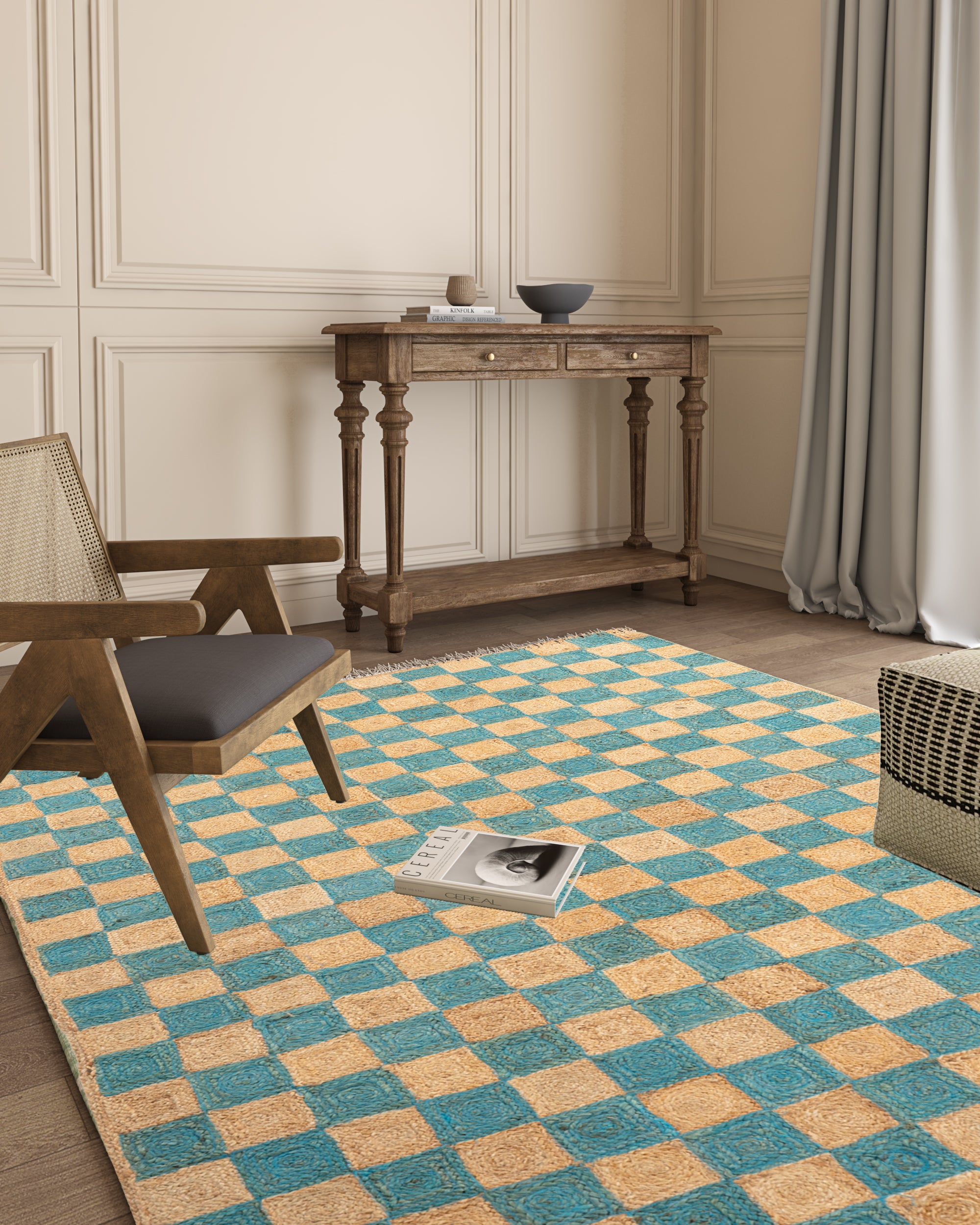 Windsor checkered Jute rug-Blue jute rug styled in a living room interior