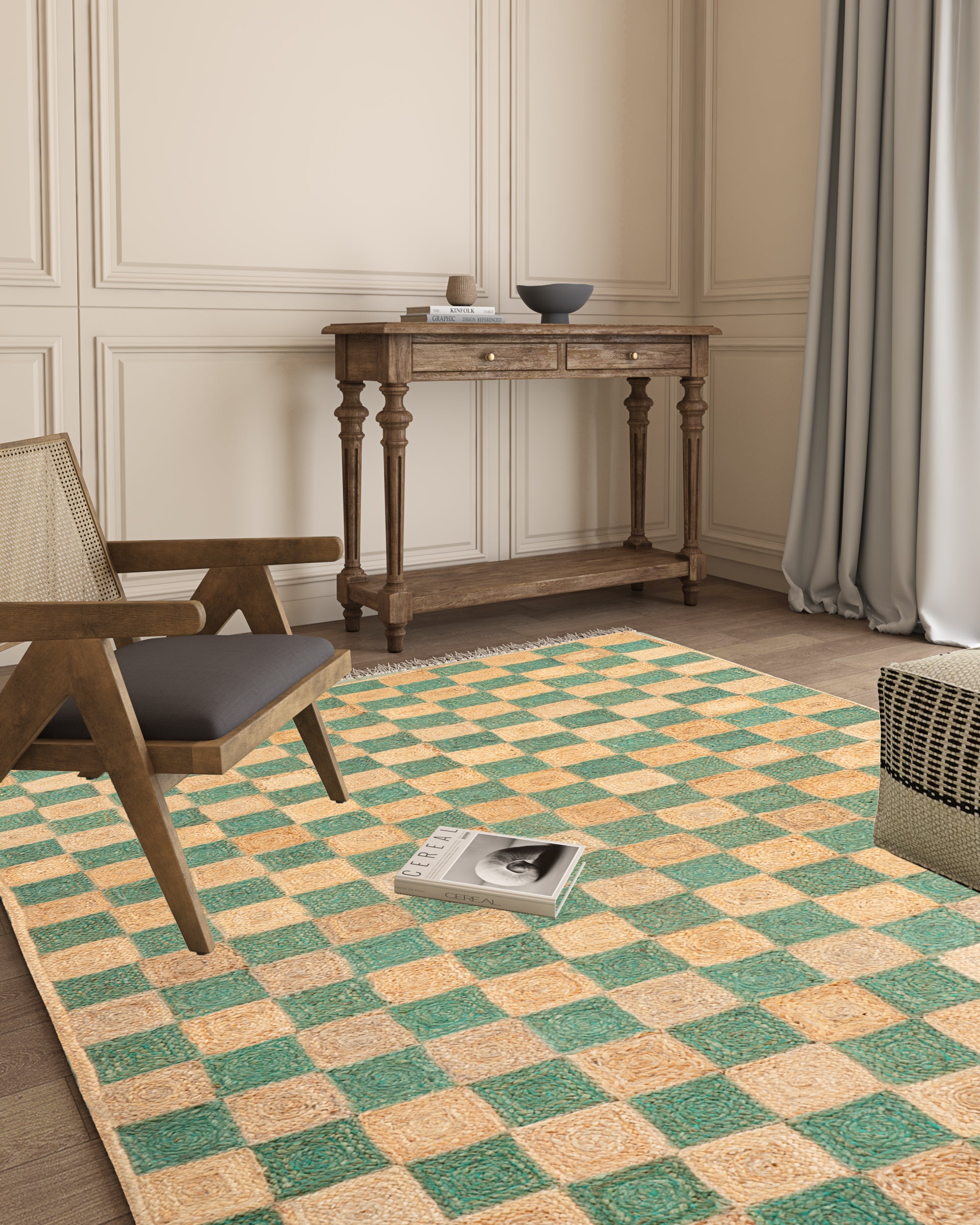 Windsor checkered Jute rug-Green jute rug styled in a living room interior