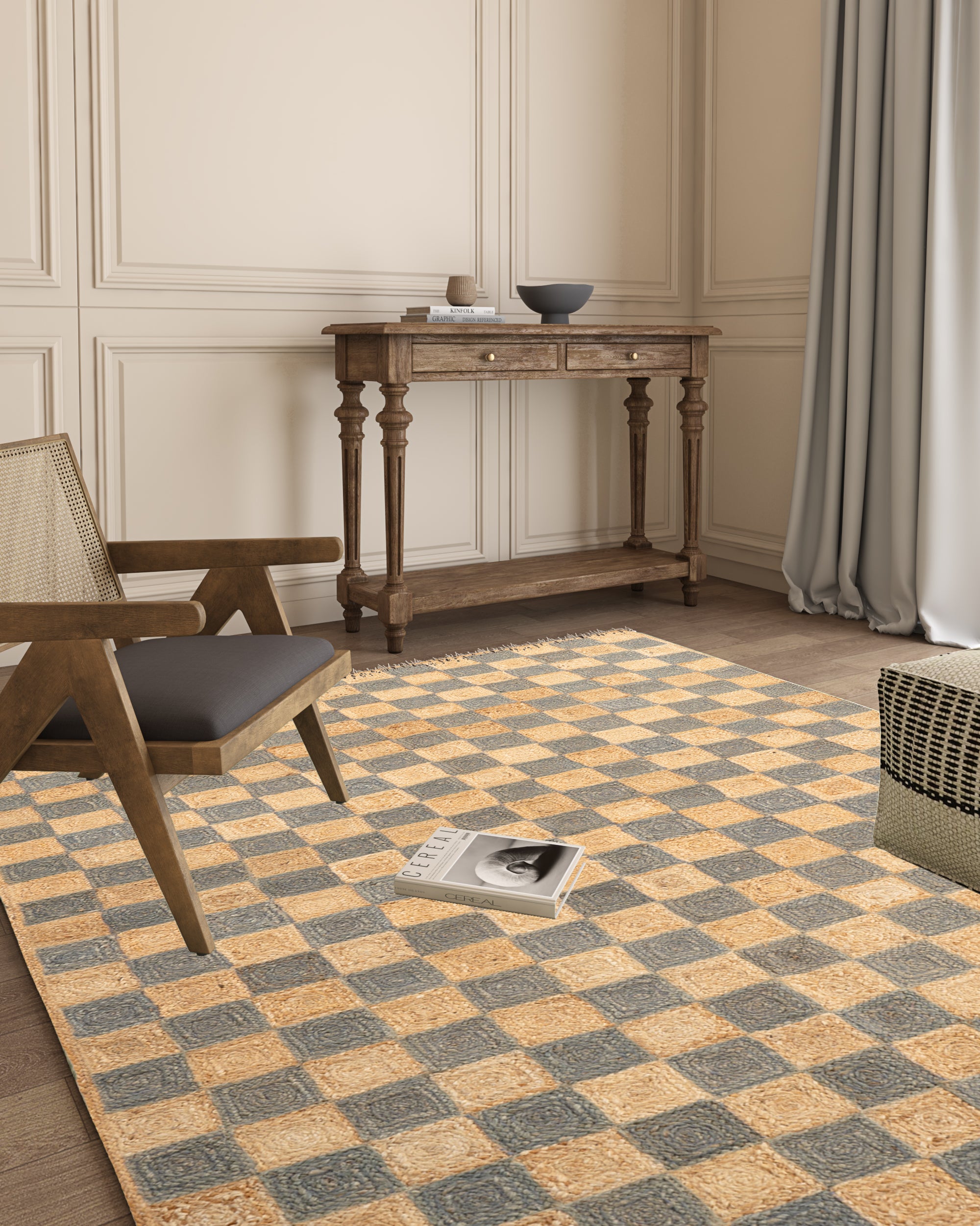 Windsor checkered Jute rug-Grey jute rug styled in a living room interior