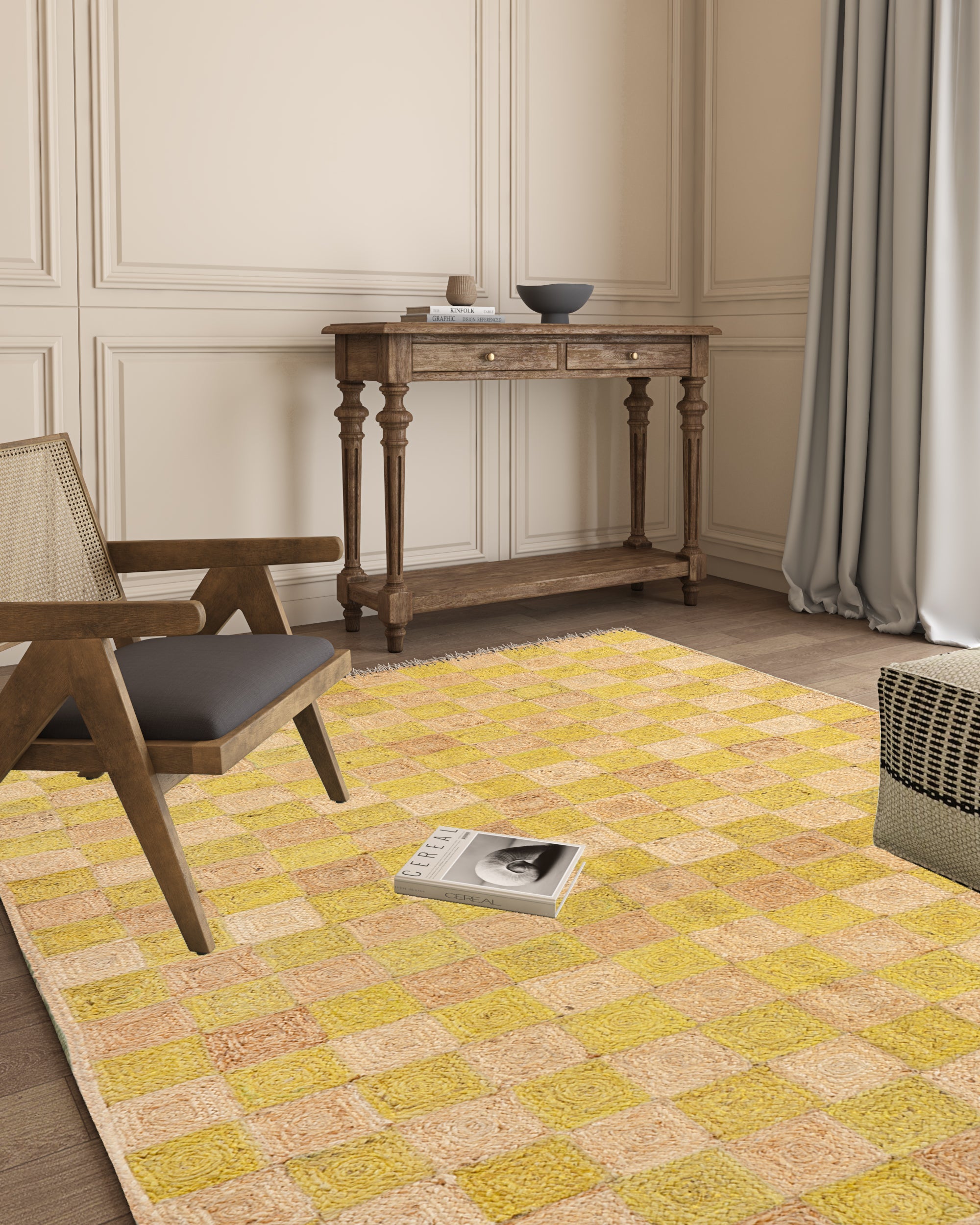 Windsor checkered Jute rug-Leaf green jute rug styled in a living room interior