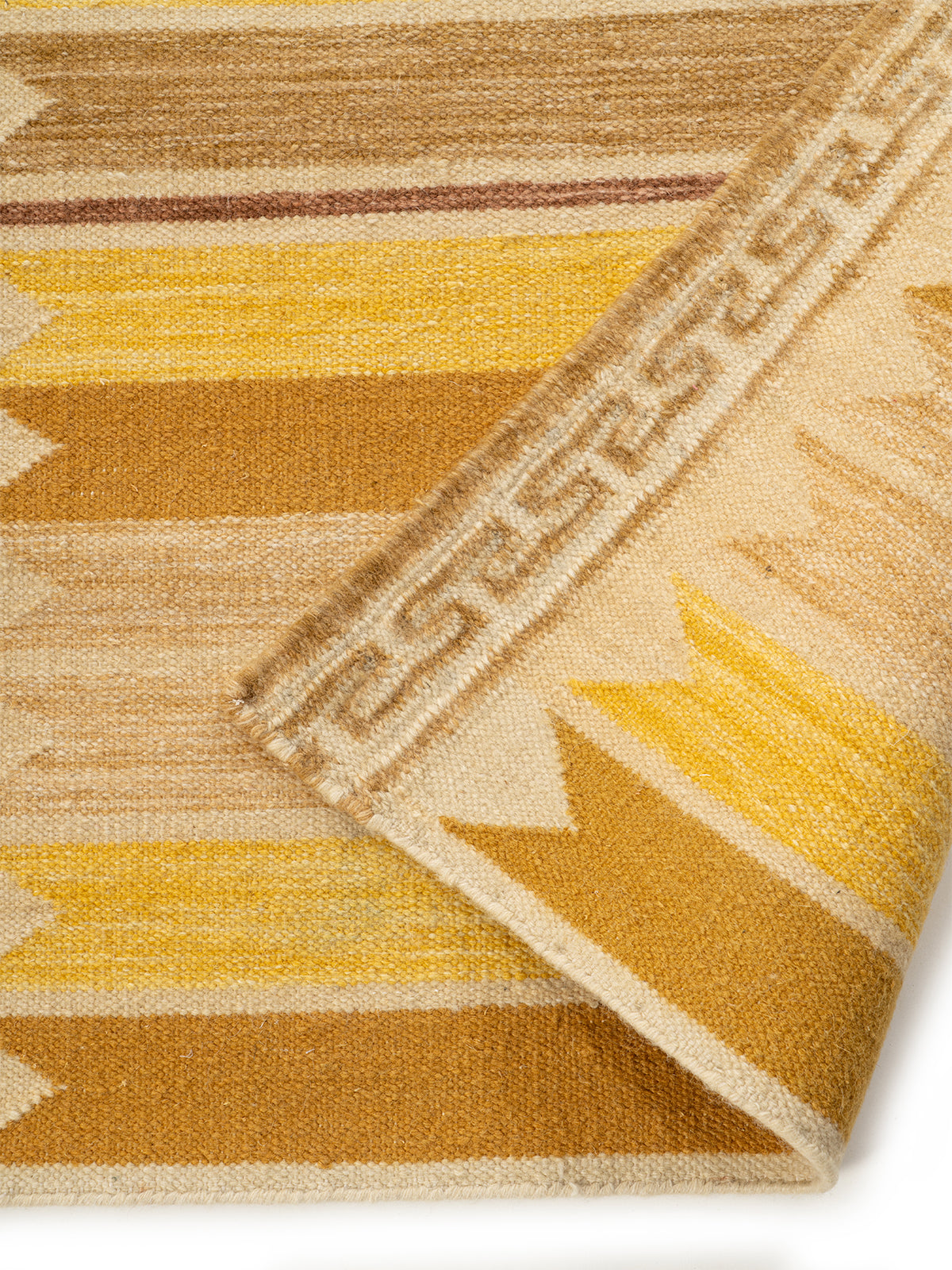 Aegean Block Border Runner-Mustard detail showing edge binding and wool finishing of the runner