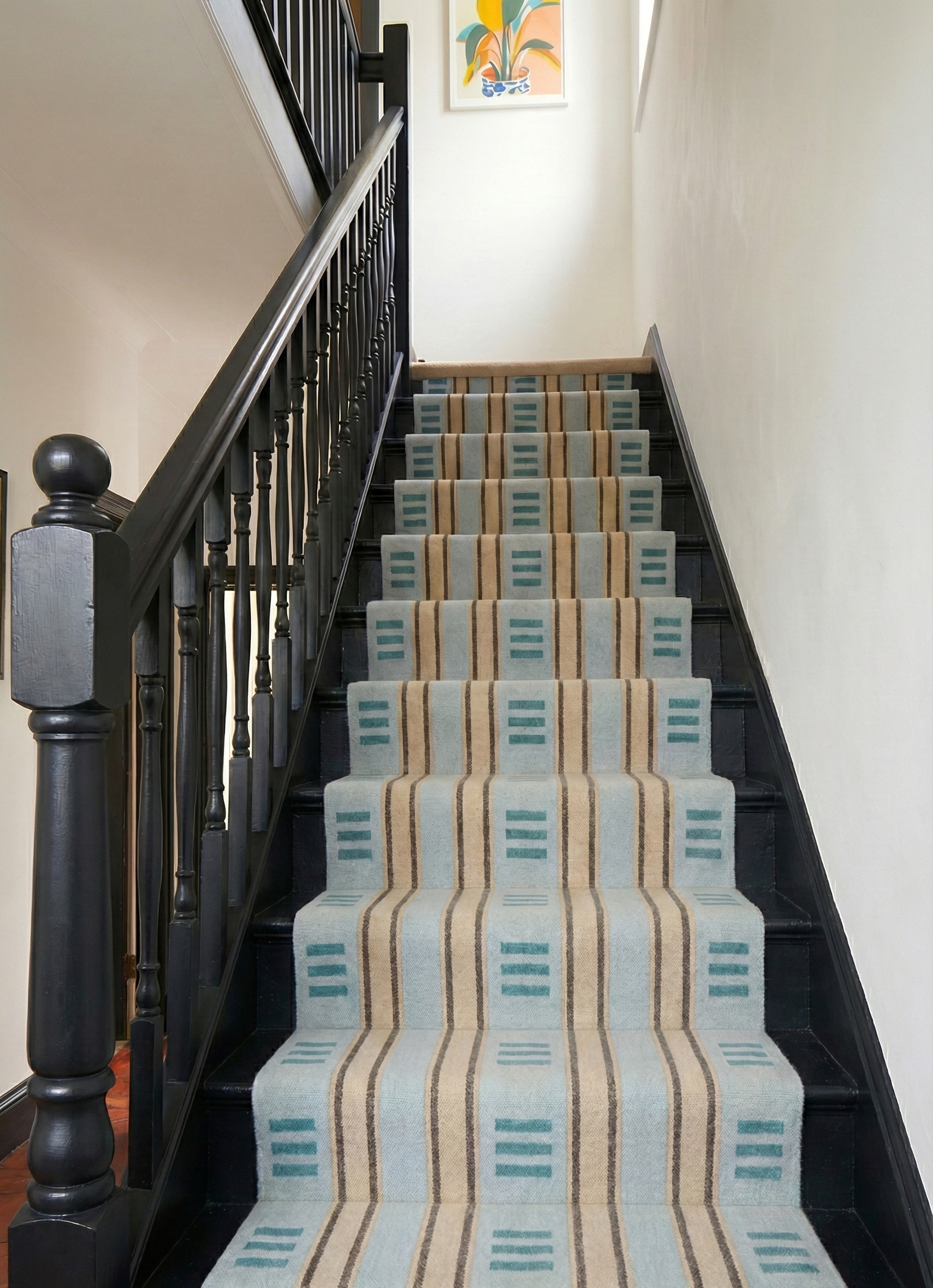 Aqua Breeze Wool Runner wool stair runner styled on a staircase in a designed interior