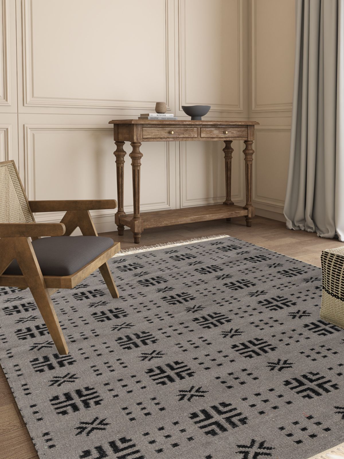 Arrow Dot Weave Rug cotton rug styled in a living room interior