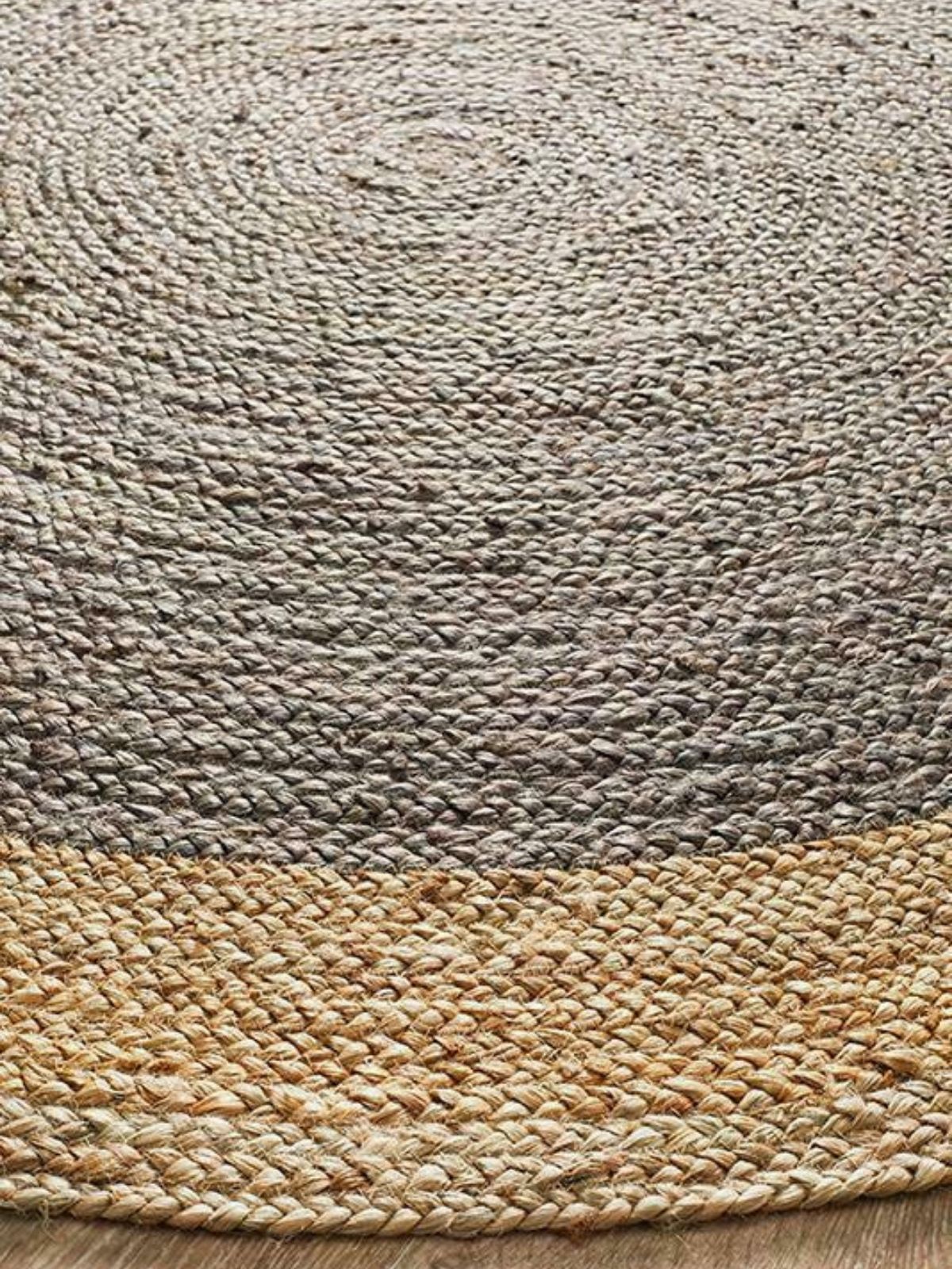 Asmara bordered round rug-Grey - edge detail showing cotton finishing