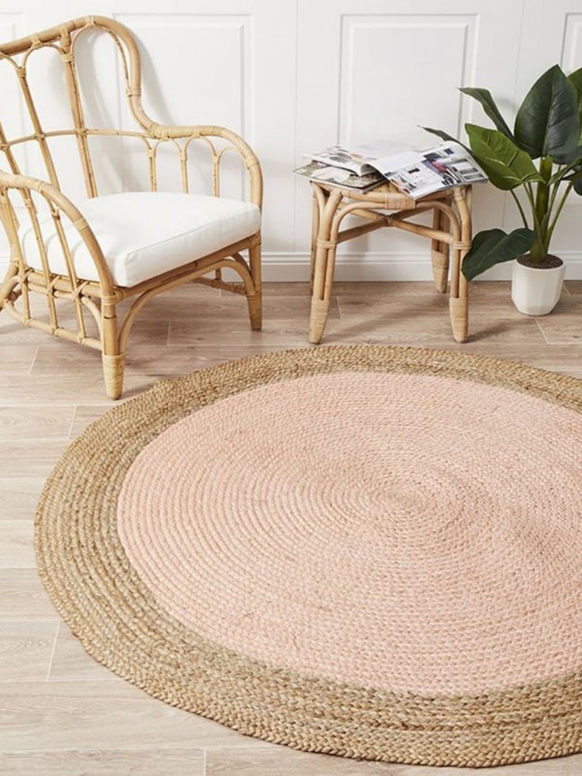 Asmara bordered round rug-Peach cotton rug styled in a living room interior with timber and linen